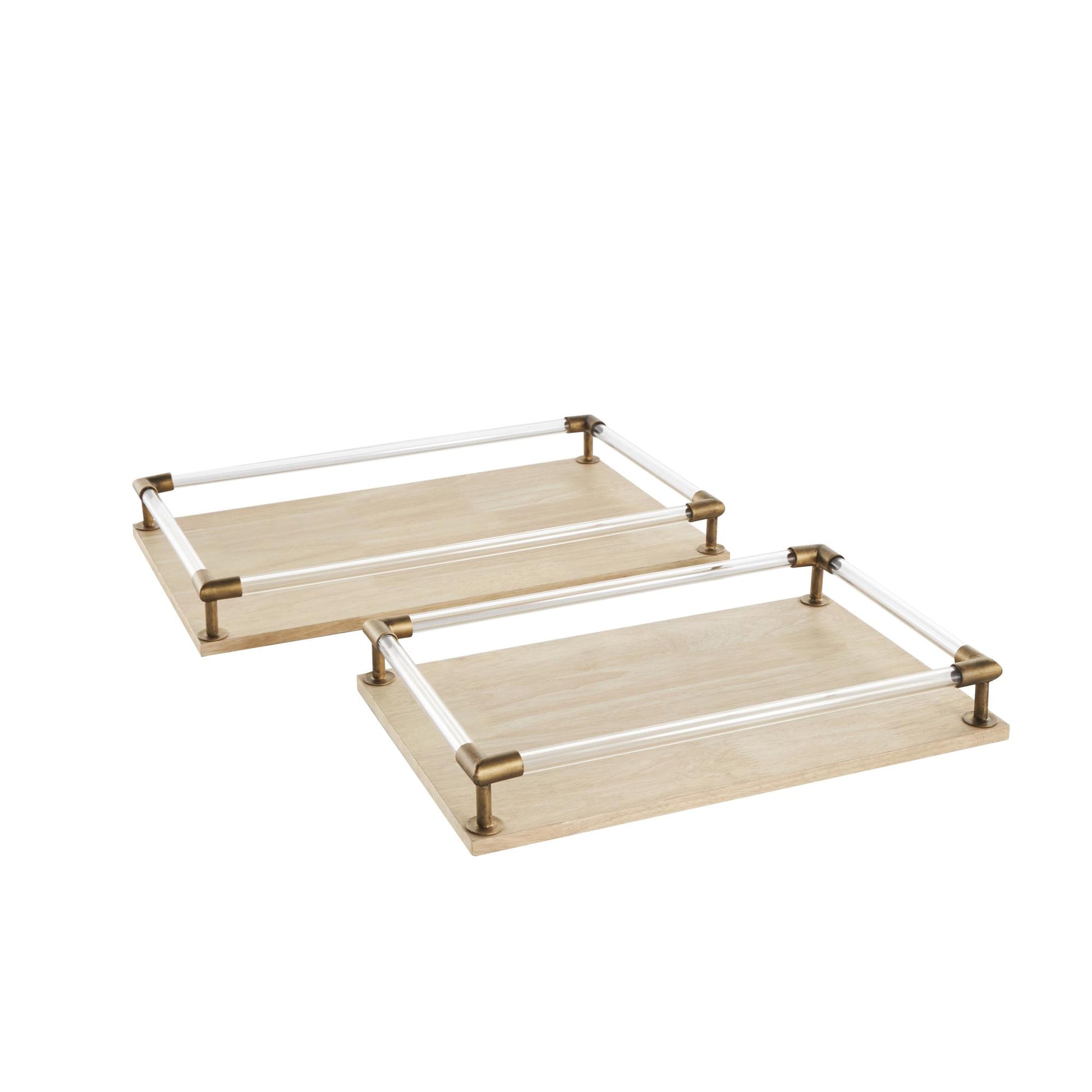 Set of 2 Light Brown Mango Wood Living Room Decor Tray with Copper Metal Edges and Acrylic Sides