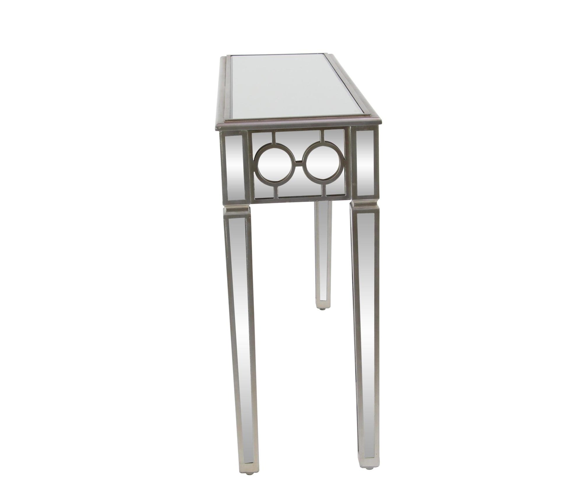 Geometric Silver Glass Mirrored Living Room Console Table with Circular Panel Inlay
