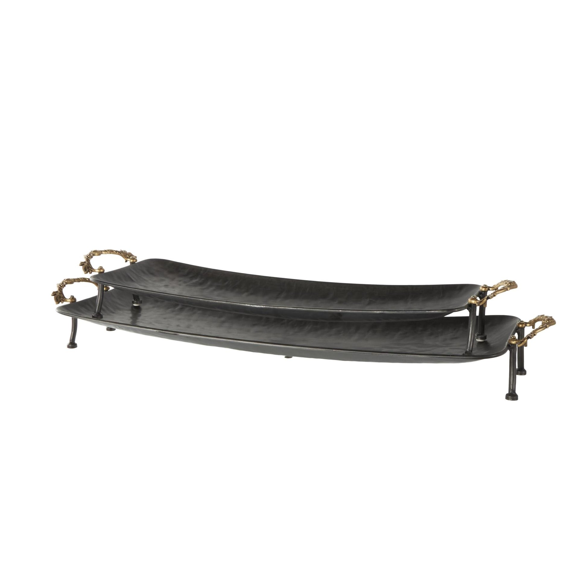 Set of 2 Leaf Black Metal Textured Curved Living Room Decor Tray with Elevated Feet and Gold Scroll Vine Handles