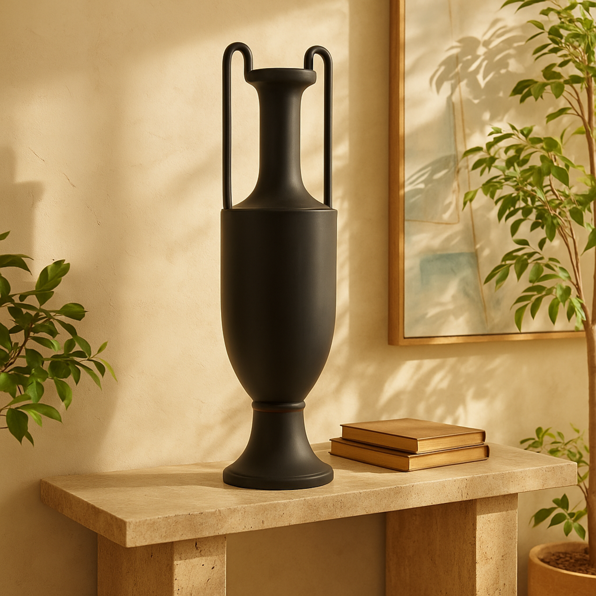 Ceramic Fluted Urn Shaped Decorative Vase with Arch Handles