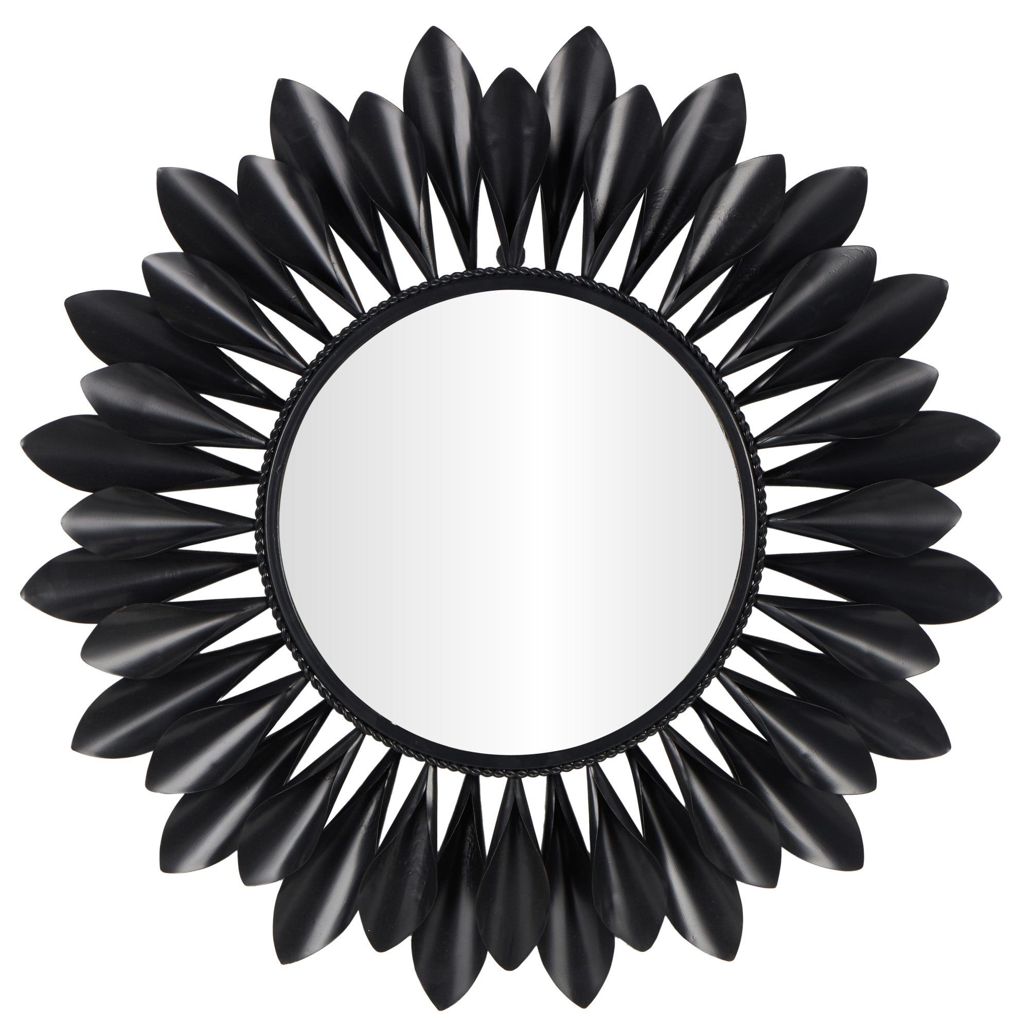 Black Metal Room Wall Mirror with Beaded Detailing and Leaves