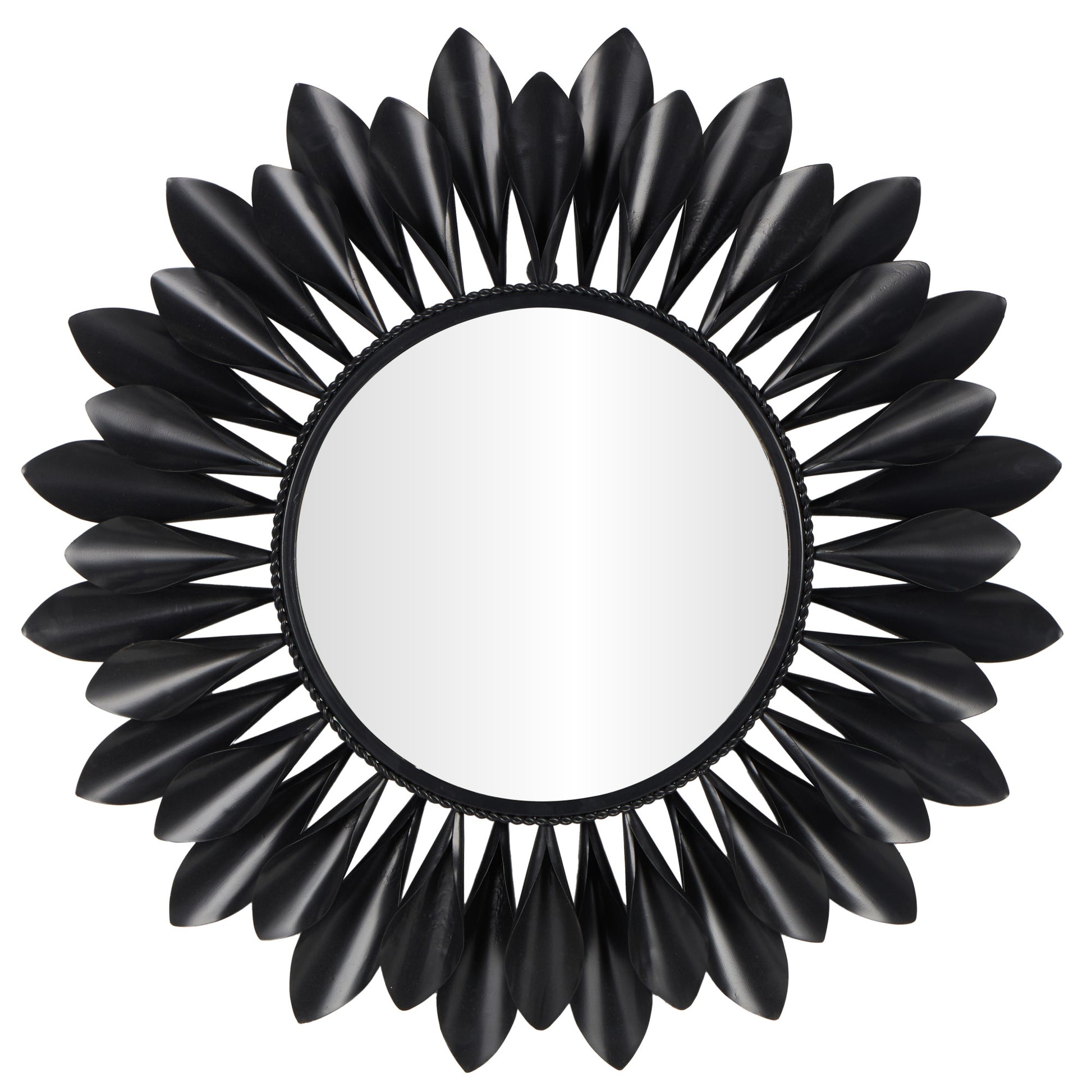Black Metal Room Wall Mirror with Beaded Detailing and Leaves