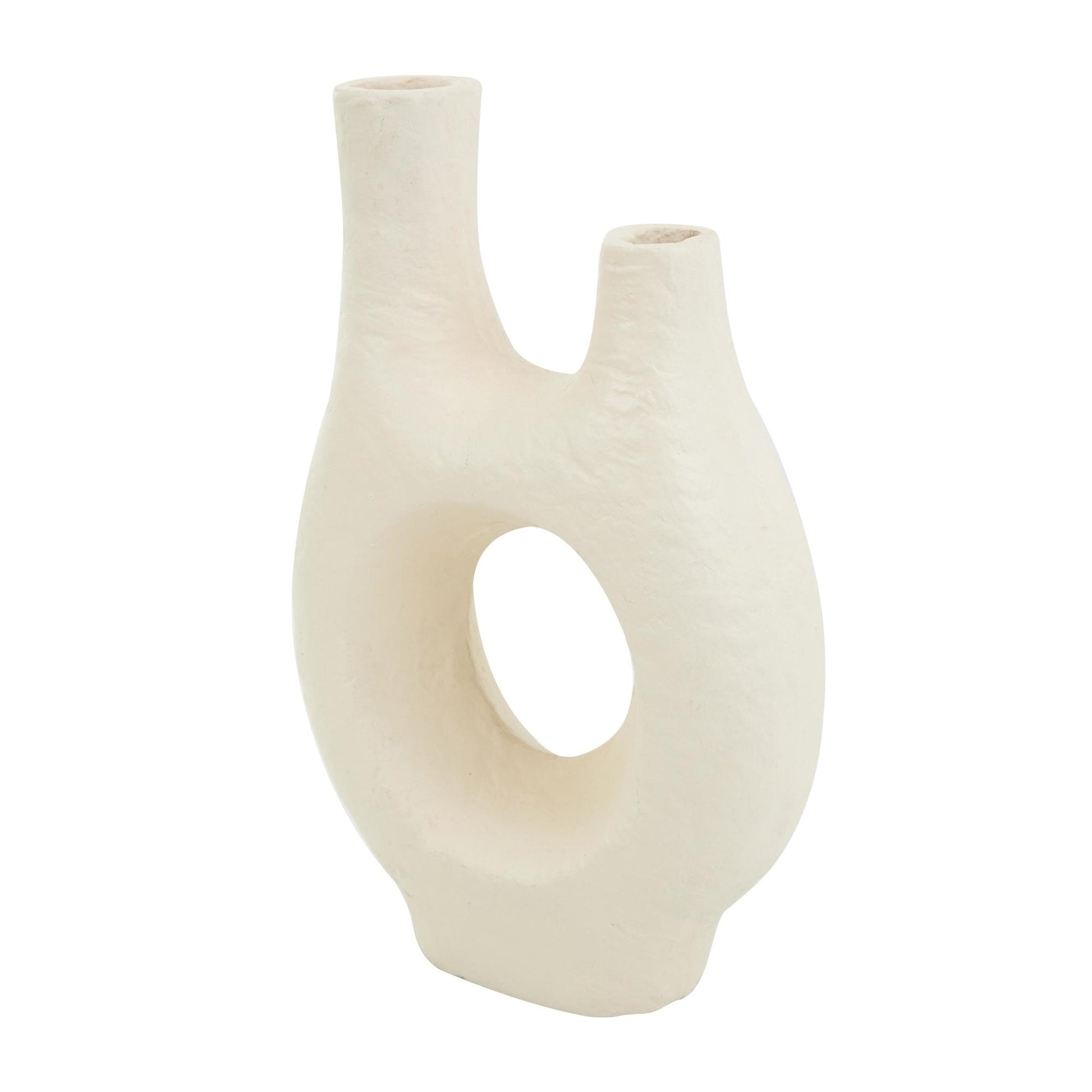 Abstract Beige Paper Mache Rounded Decorative Vase with Double Openings