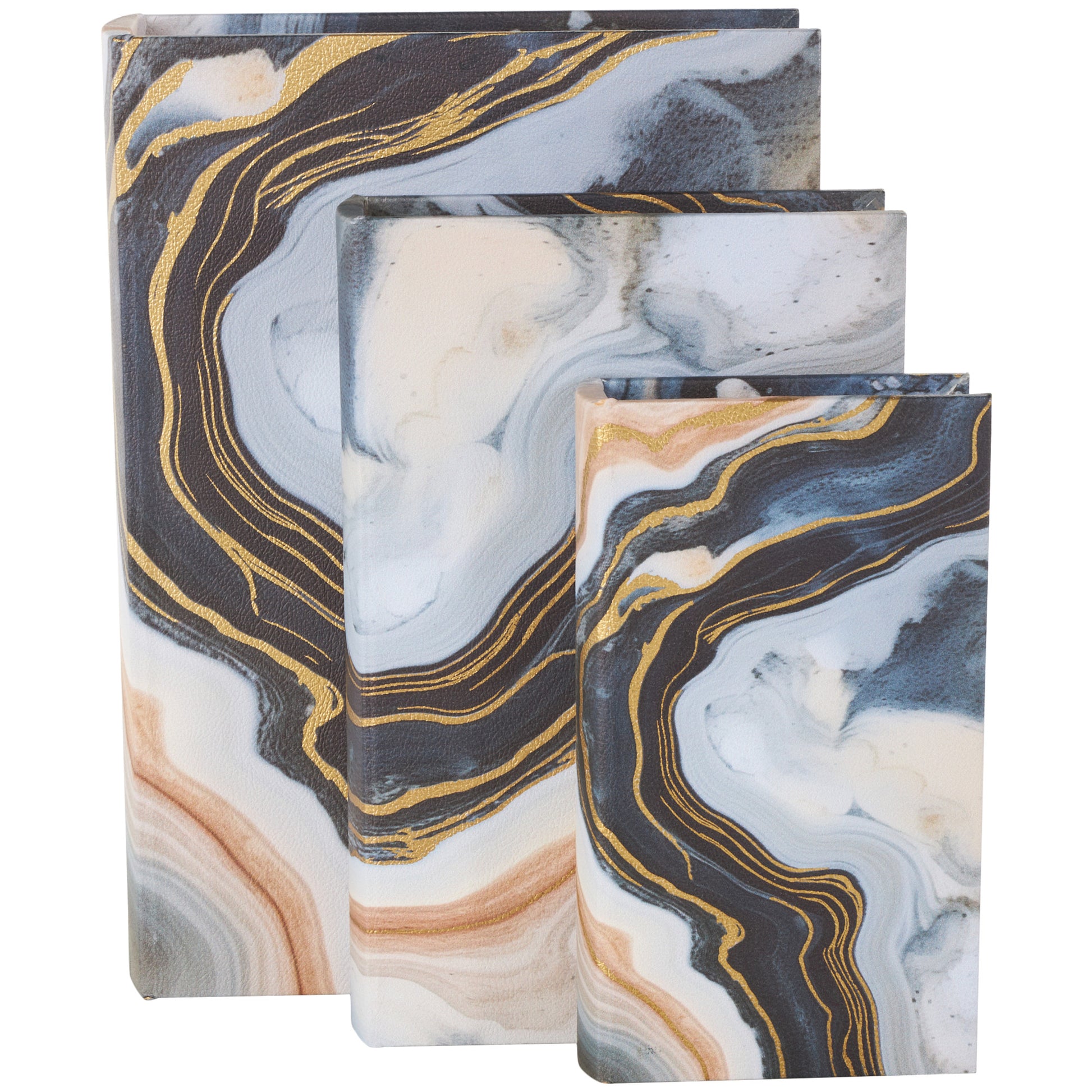 Set of 3 Geode Blue Faux Leather Faux Book Storage Decorative Box with Metallic Gold Accents