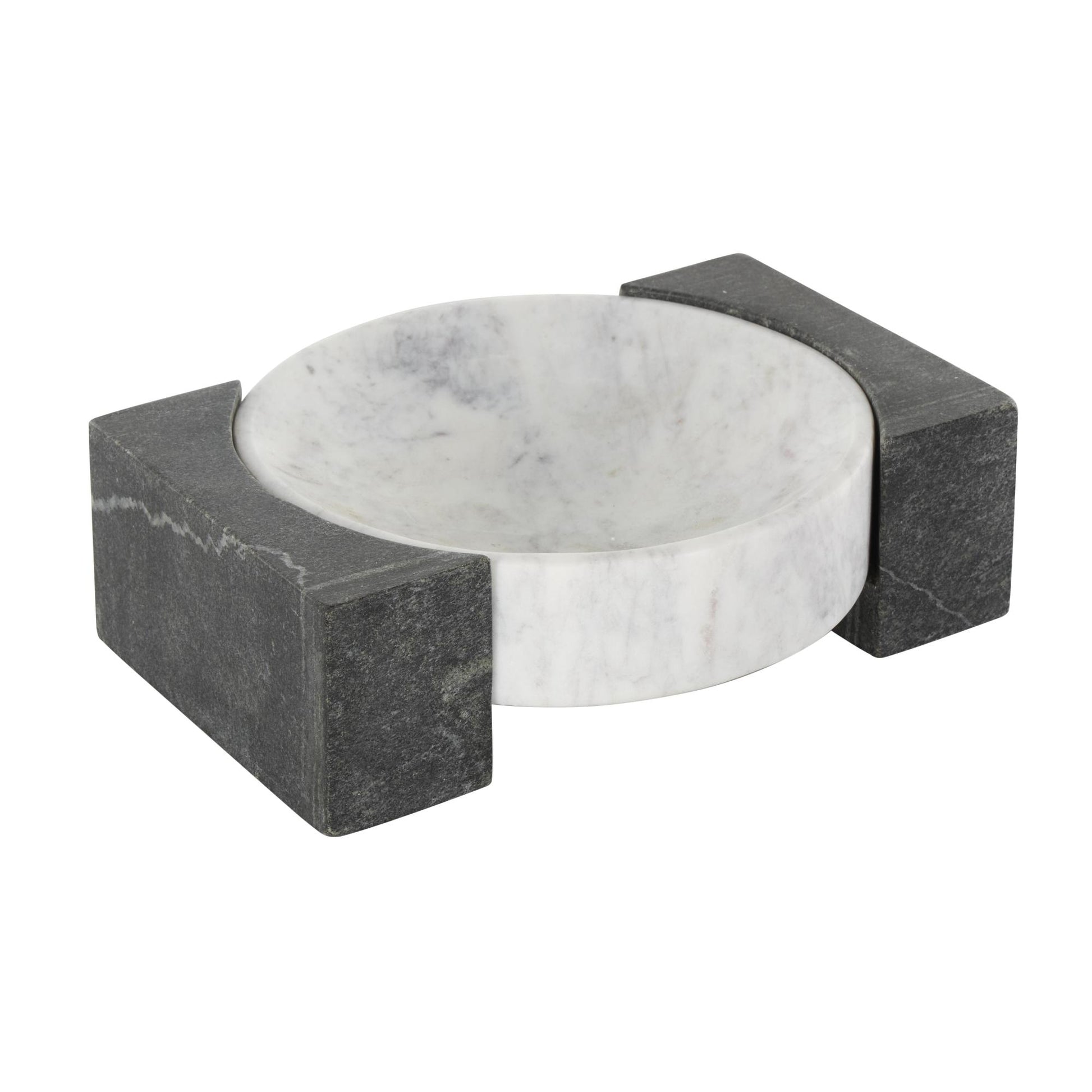 Geometric White Marble Round Living Room Decor Tray with Black Rectangular Blocks