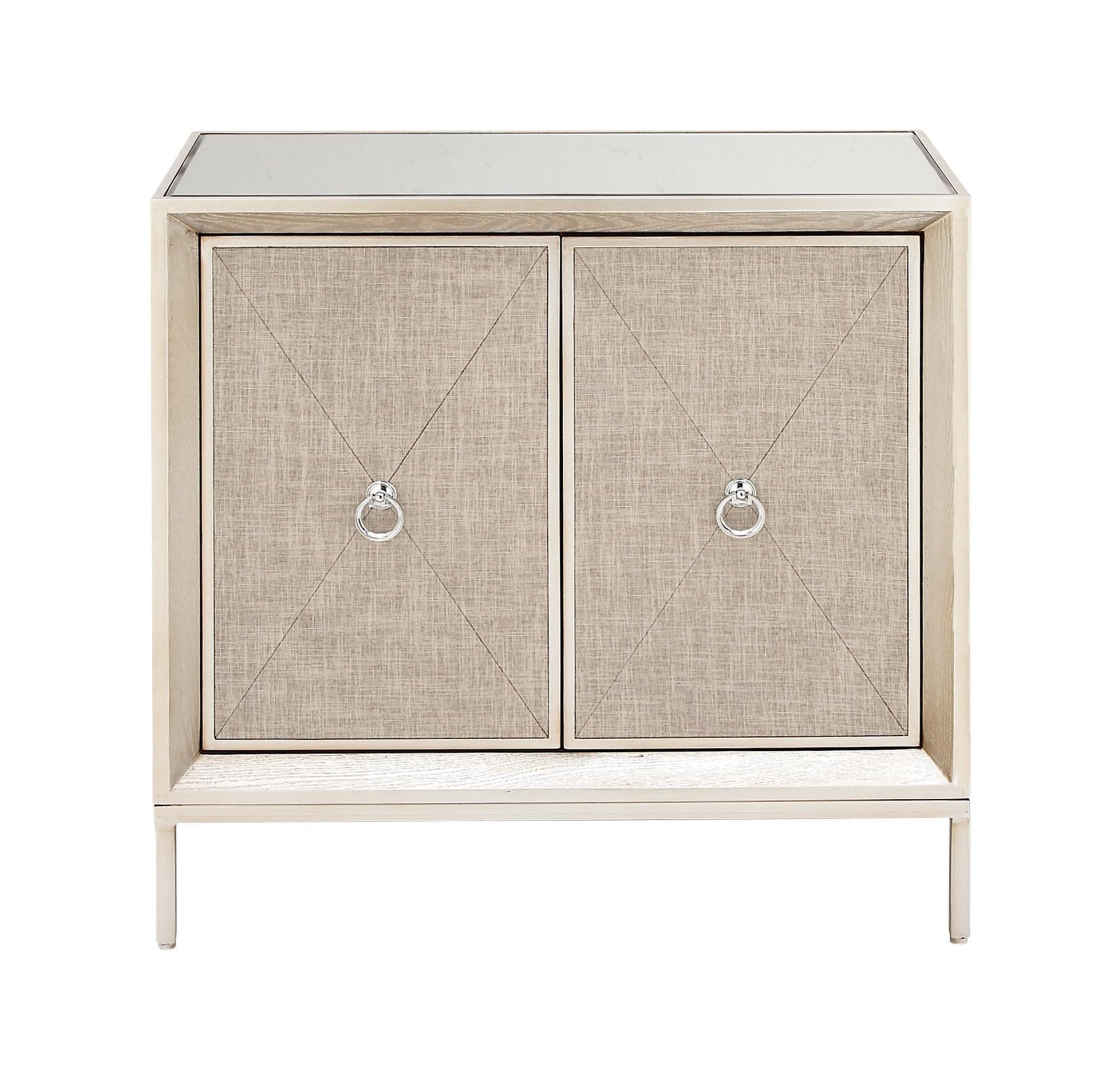 Beige Wooden Upholstered Front Panel 2 Door Room Cabinet with Mirrored Top and Ring Handles