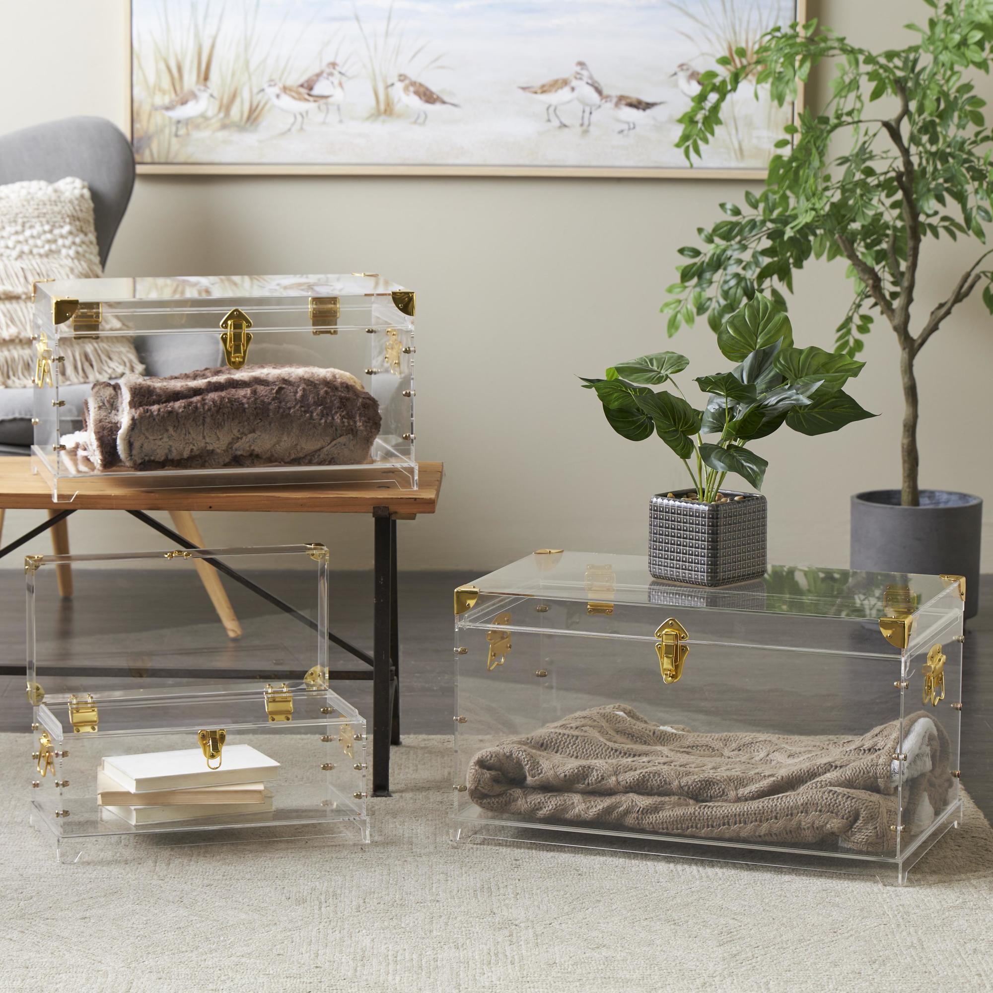 Set of 3 Clear Acrylic Plastic Storage Decorative Trunk with Gold Metal Hardware and Studded Details