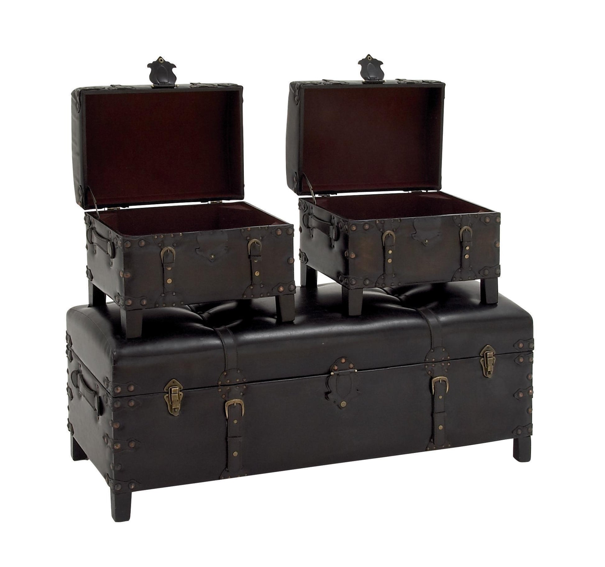 Set of 3 Brown Faux Leather Vintage Room Storage Bench with Faux Leather Buckle Straps and Stud Details