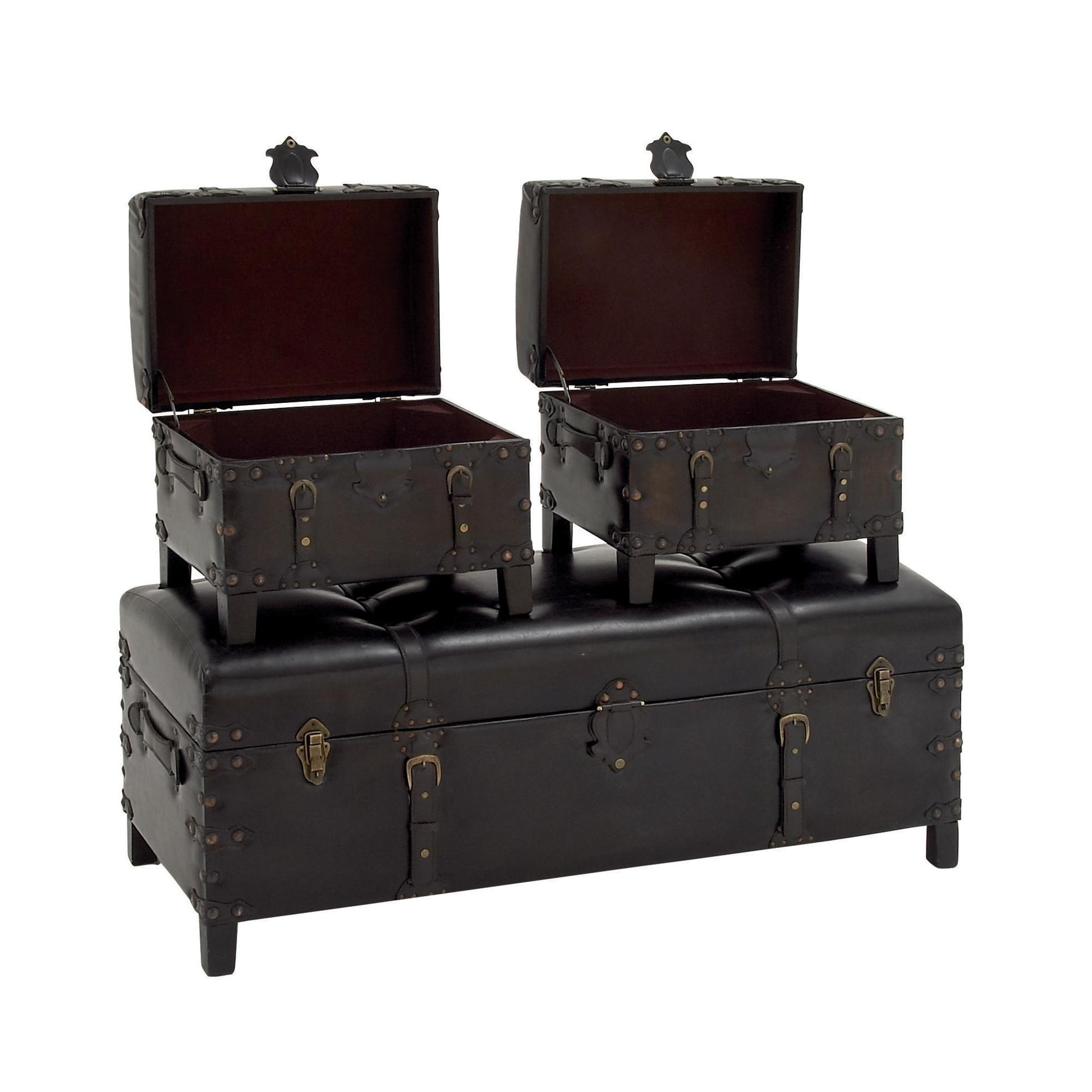 Set of 3 Brown Faux Leather Vintage Room Storage Bench with Faux Leather Buckle Straps and Stud Details