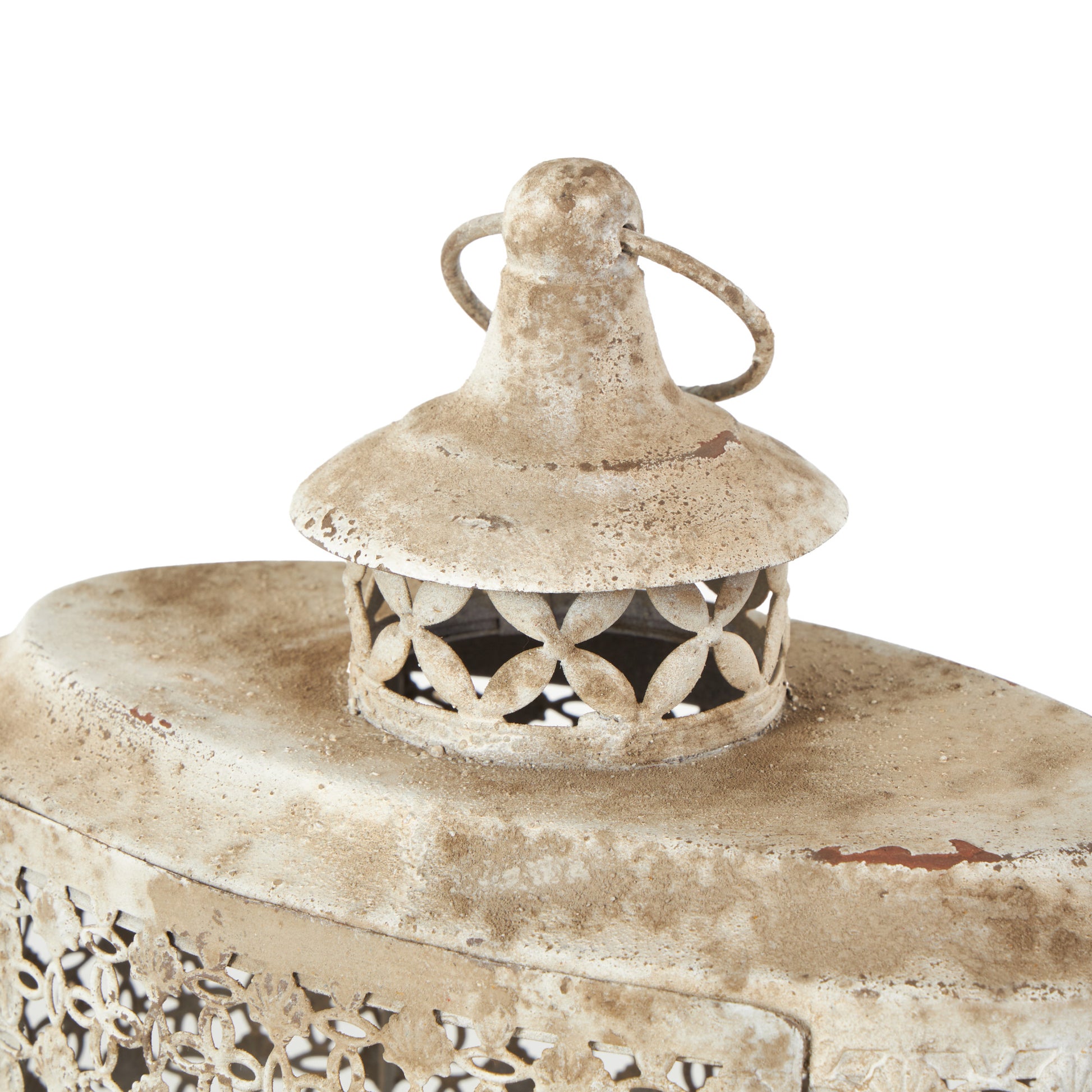 Set of 2 Floral Beige Metal Antique Distressed Oval Cutout Indoor Outdoor Candle Lantern