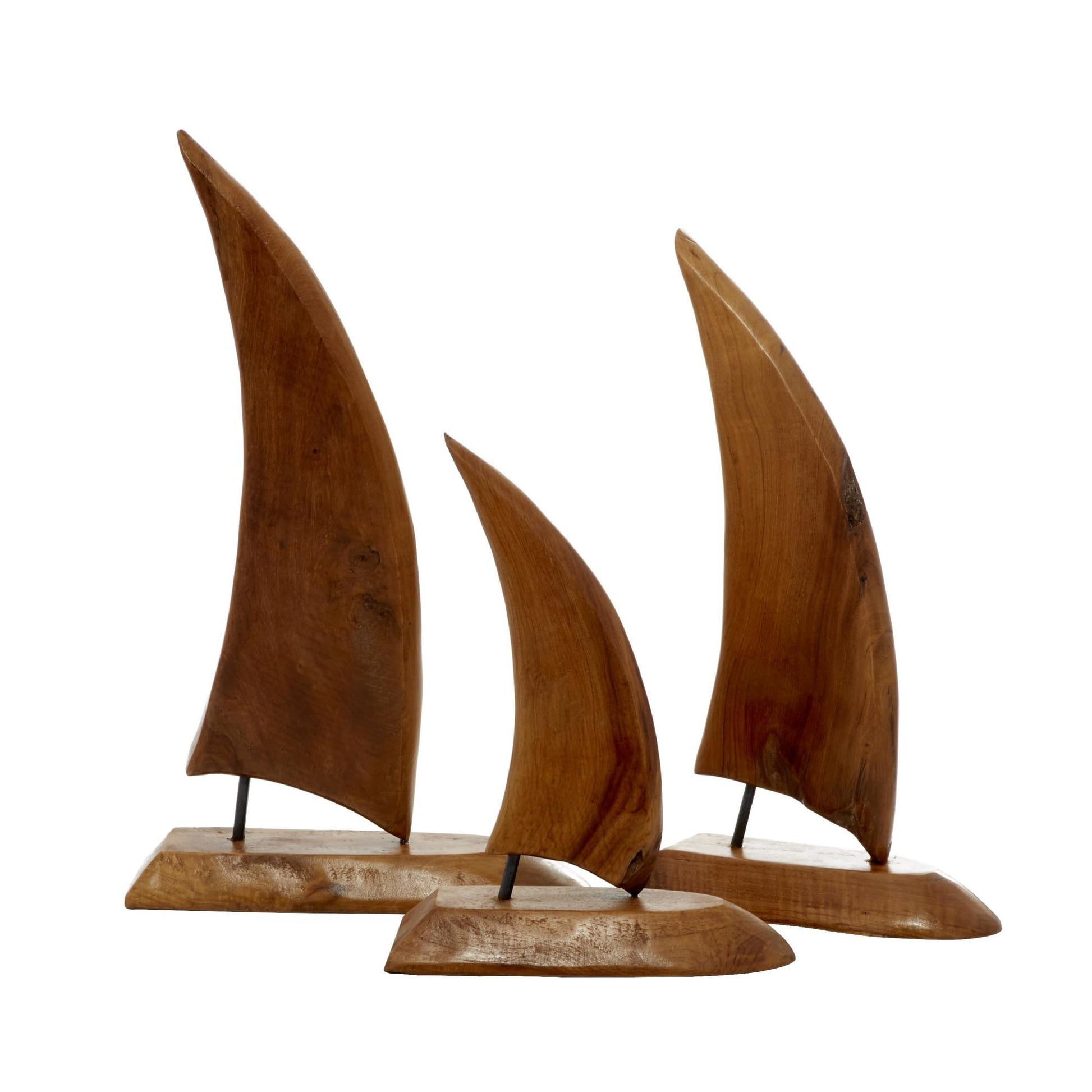 Set of 3 Sail Boat Brown Teak Wood Handmade Decorative Sculpture