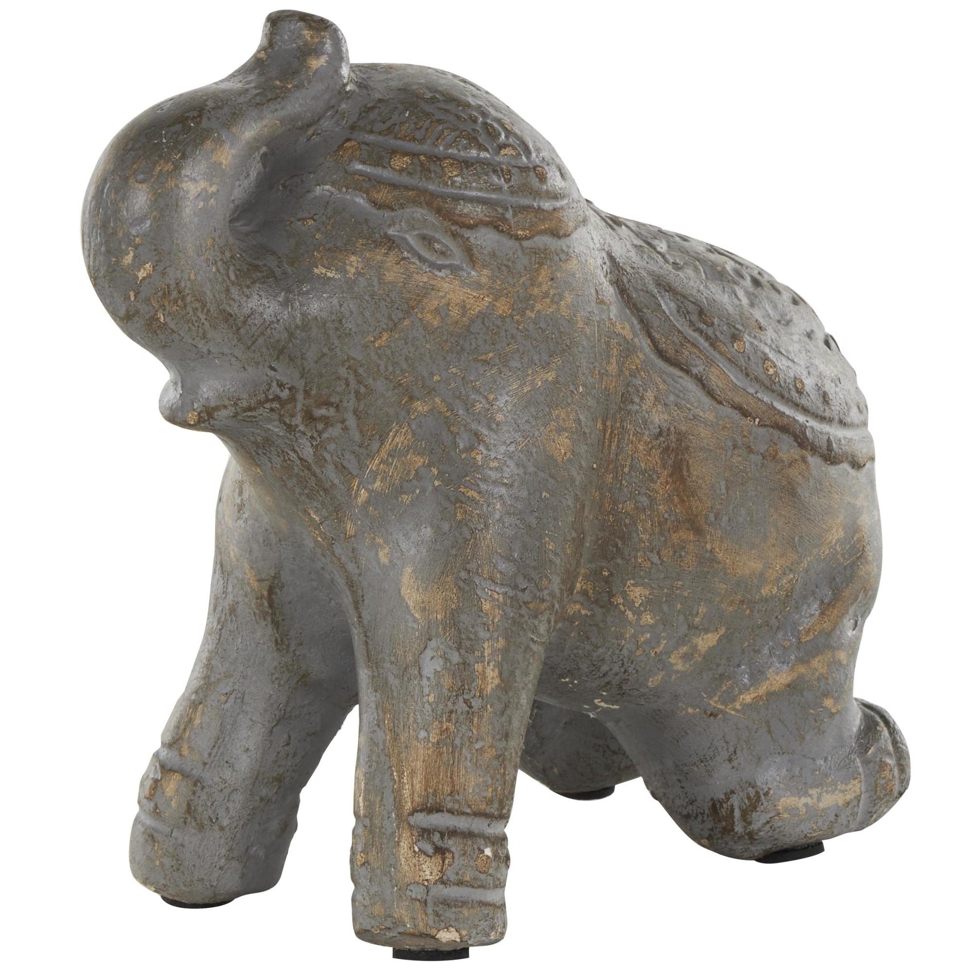Elephant Dark Gray Paper Mache Handmade Distressed Carved Decorative Sculpture with Wood Inspired Accents
