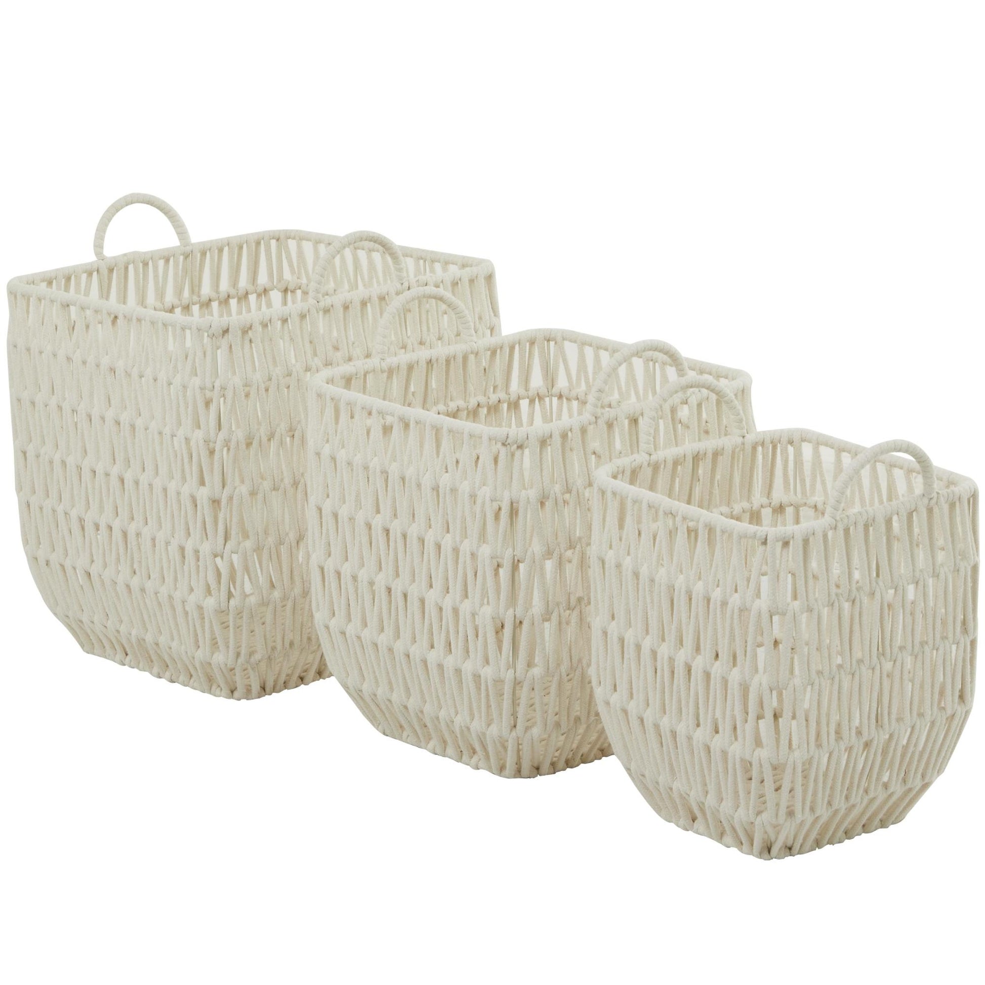 CosmoLiving by Cosmopolitan Set of 3 White Cotton Fabric Handmade Decorative and Functional Storage Basket with Handles