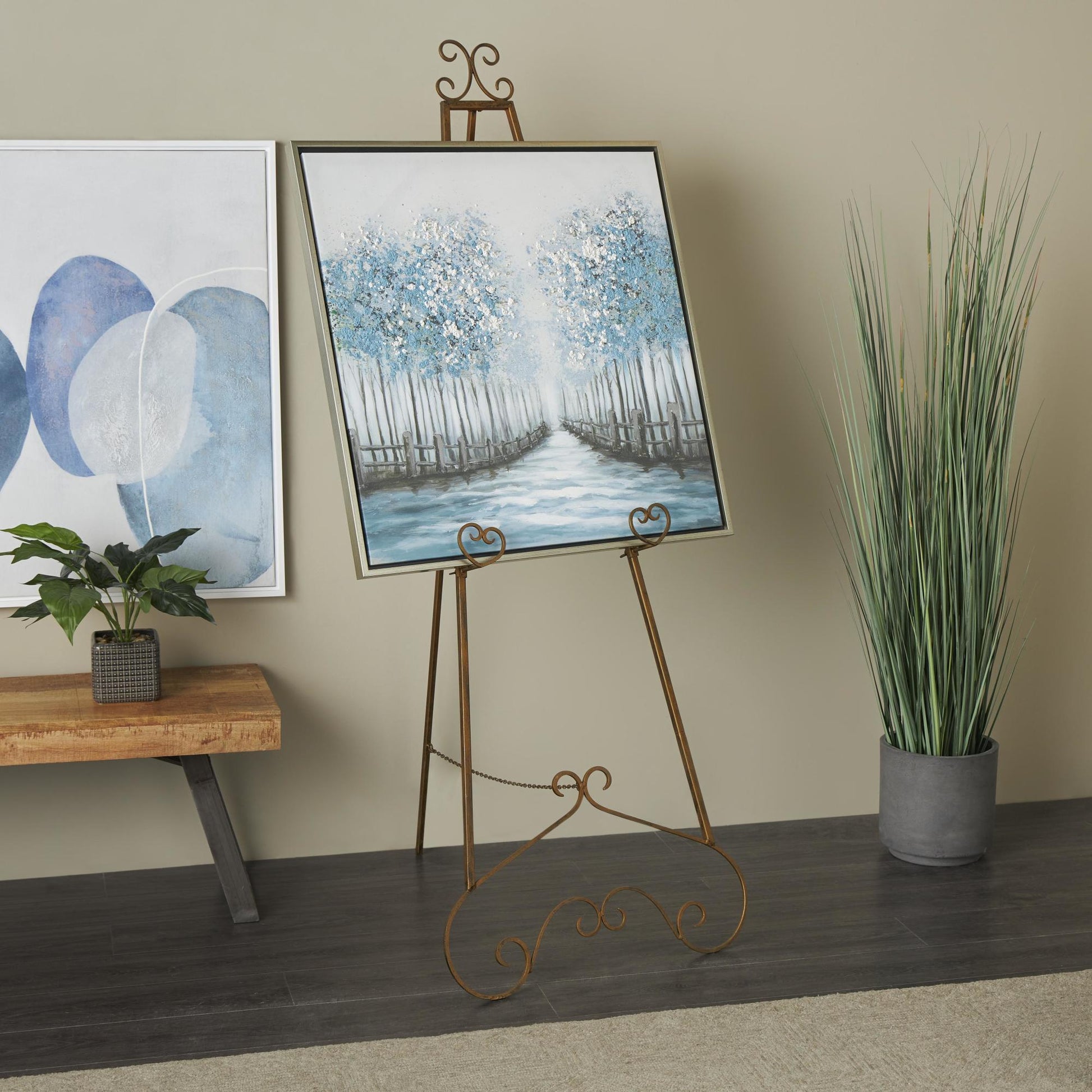 Scroll Gold Metal Tall Adjustable Floor 3 Tier Display Easel