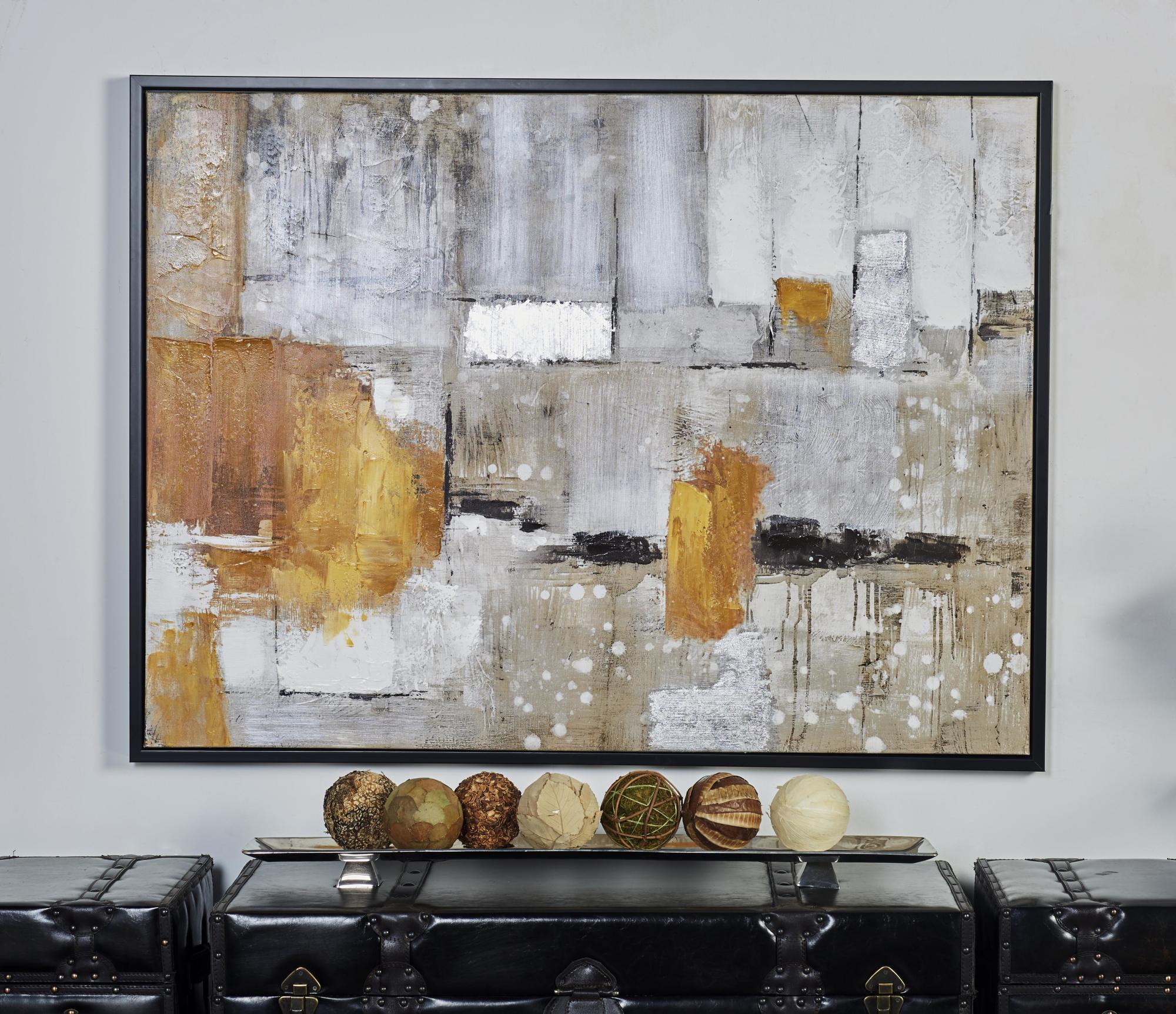 Abstract Gray Canvas Living Room Framed Wall Art with Black and Yellow Details