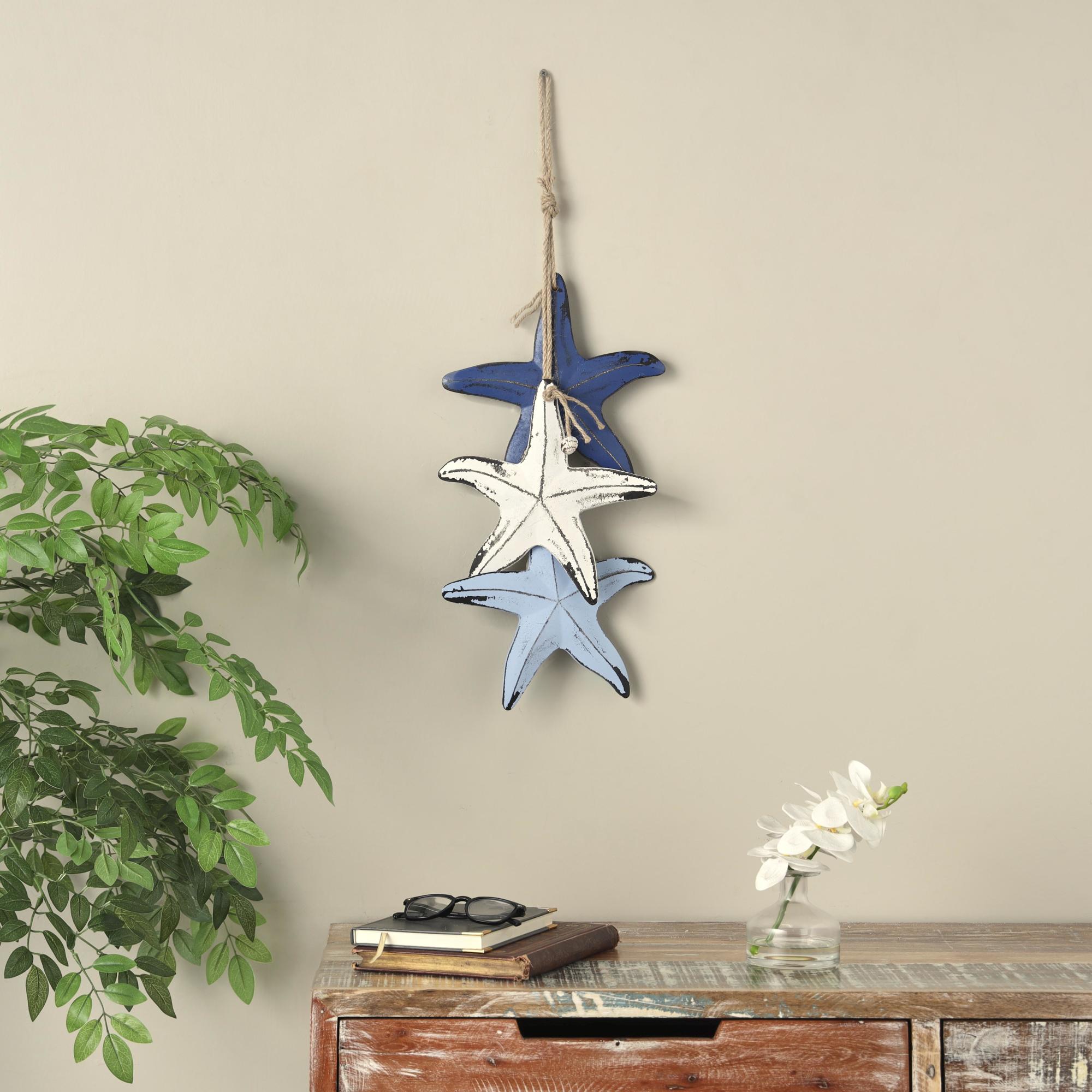 Starfish Blue Wooden Distressed Layered Home Wall Decor with Hanging Rope and Decorative Shell Accents