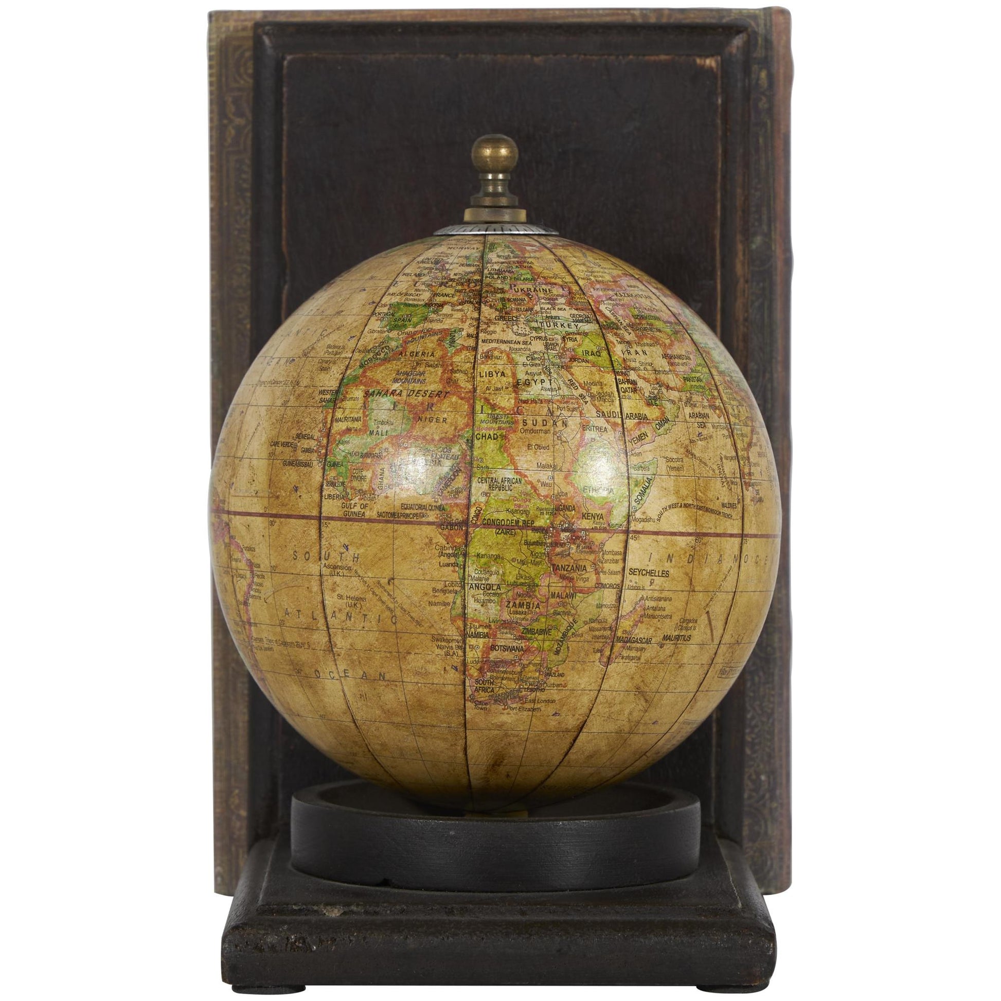 Set of 2 World Map Brown Wood Globe Decorative Bookends