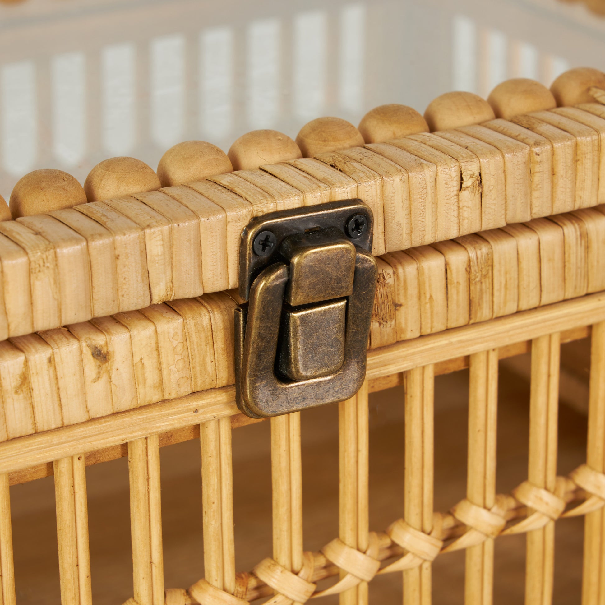 Set of 2 Brown Rattan Handmade Woven Storage Decorative Box with Glass Top and Bronze Latches
