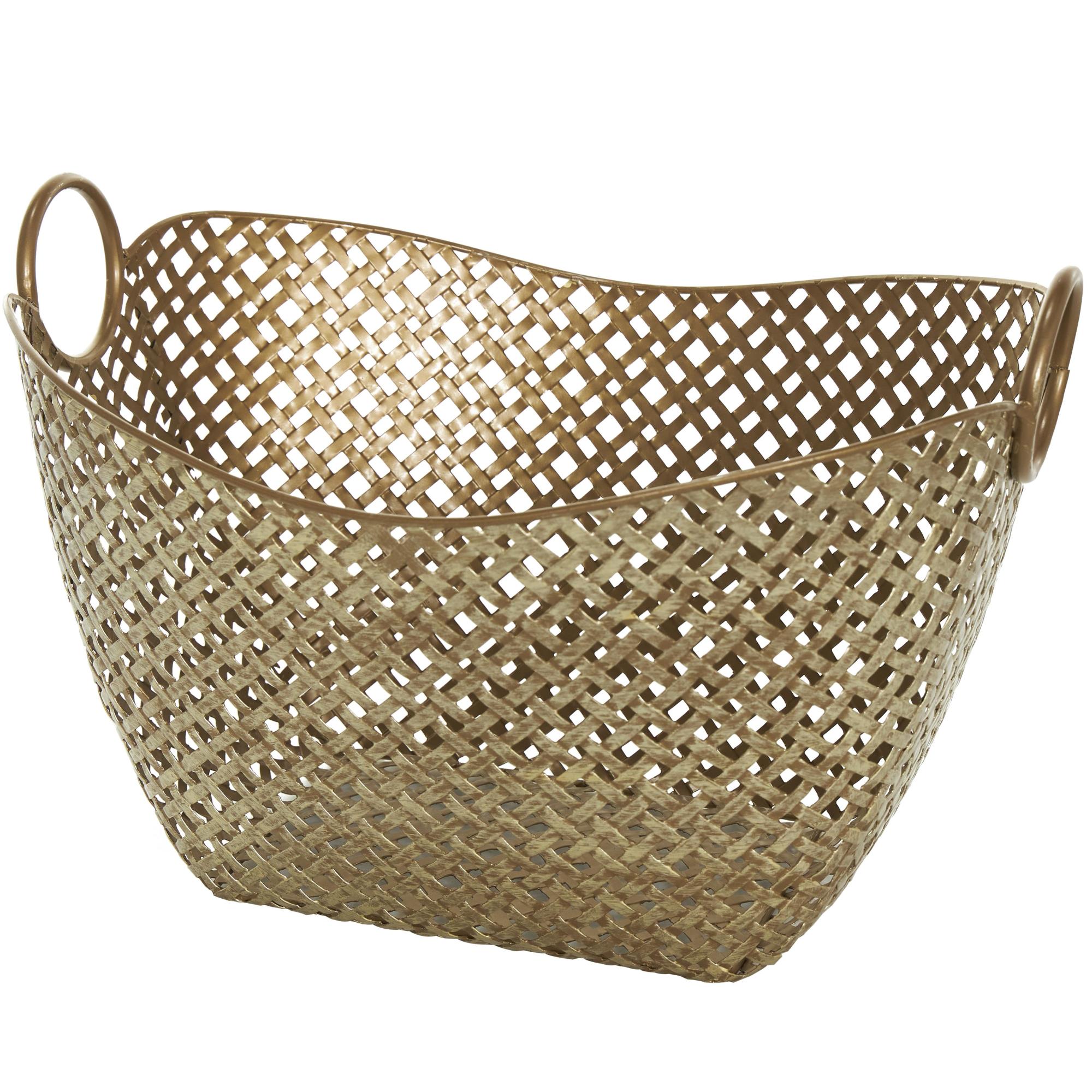 Geometric Gold Metal Cutout Woven Inspired Decorative and Functional Storage Basket with Ring Handles