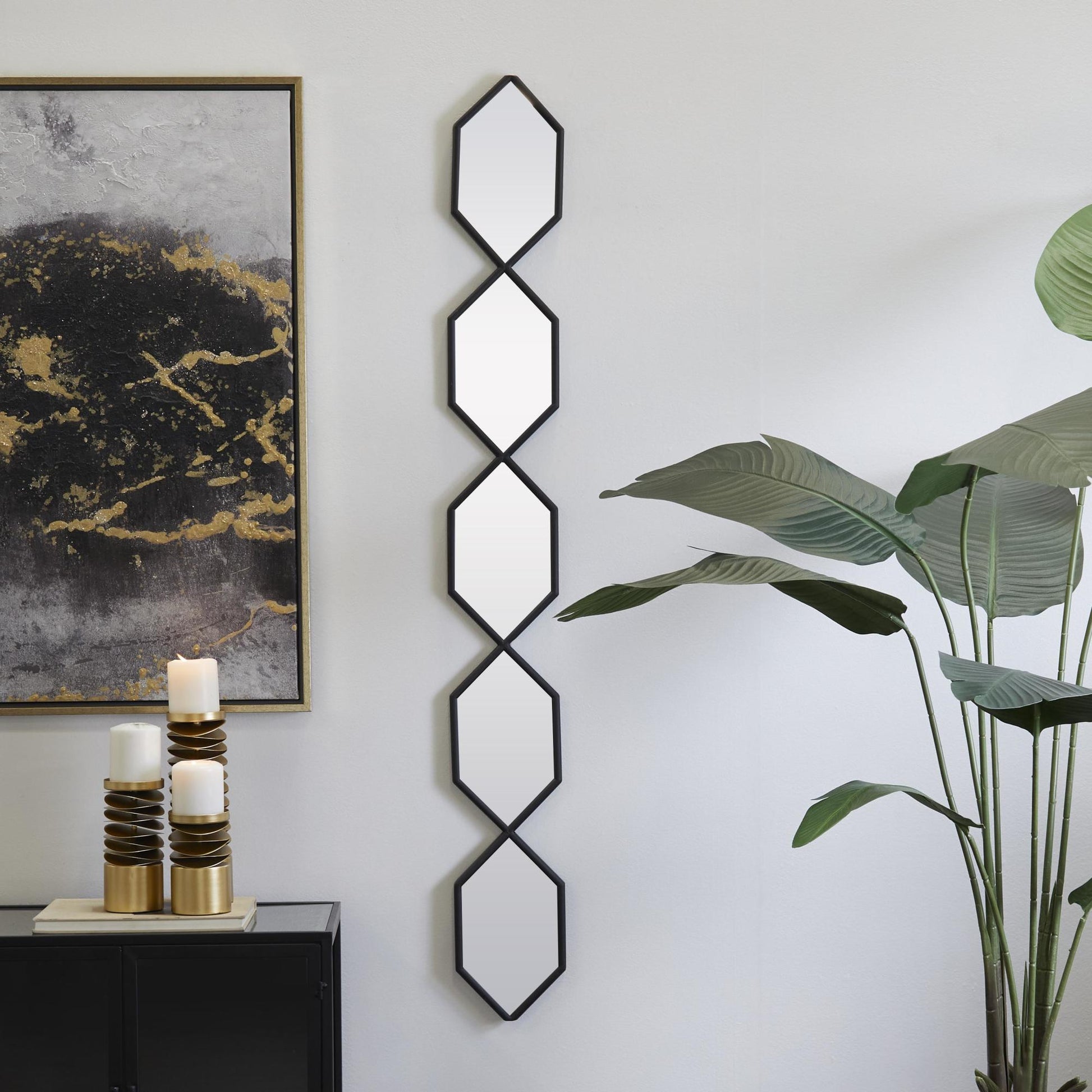Geometric Metal Slim Stacked Chain 5 Layer Room Wall Mirror with Trellis Pattern 7" x 1" x 59"