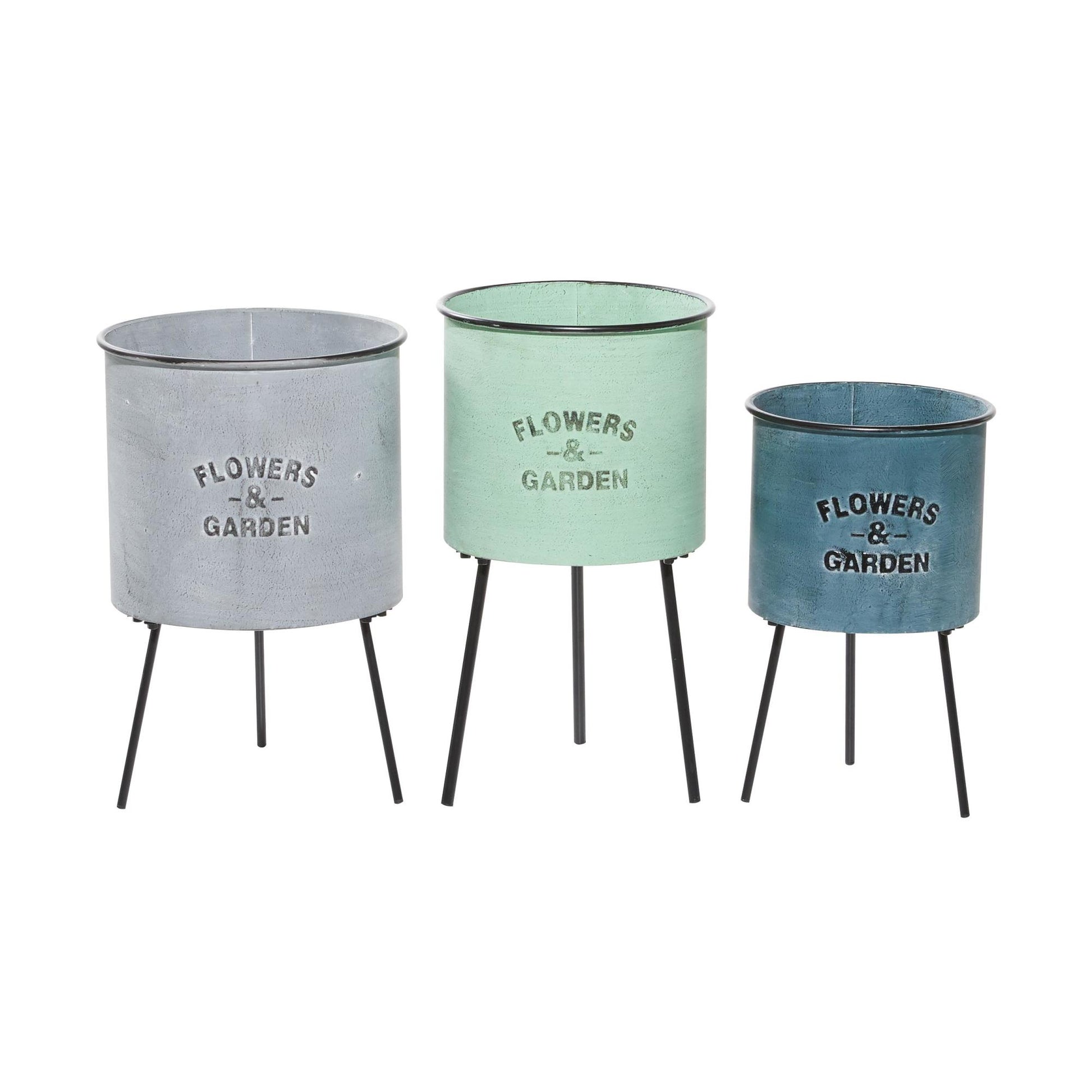 Set of 3 Text Blue Metal Indoor Outdoor Planter with Flowers And Garden Text and Black Tripod Legs