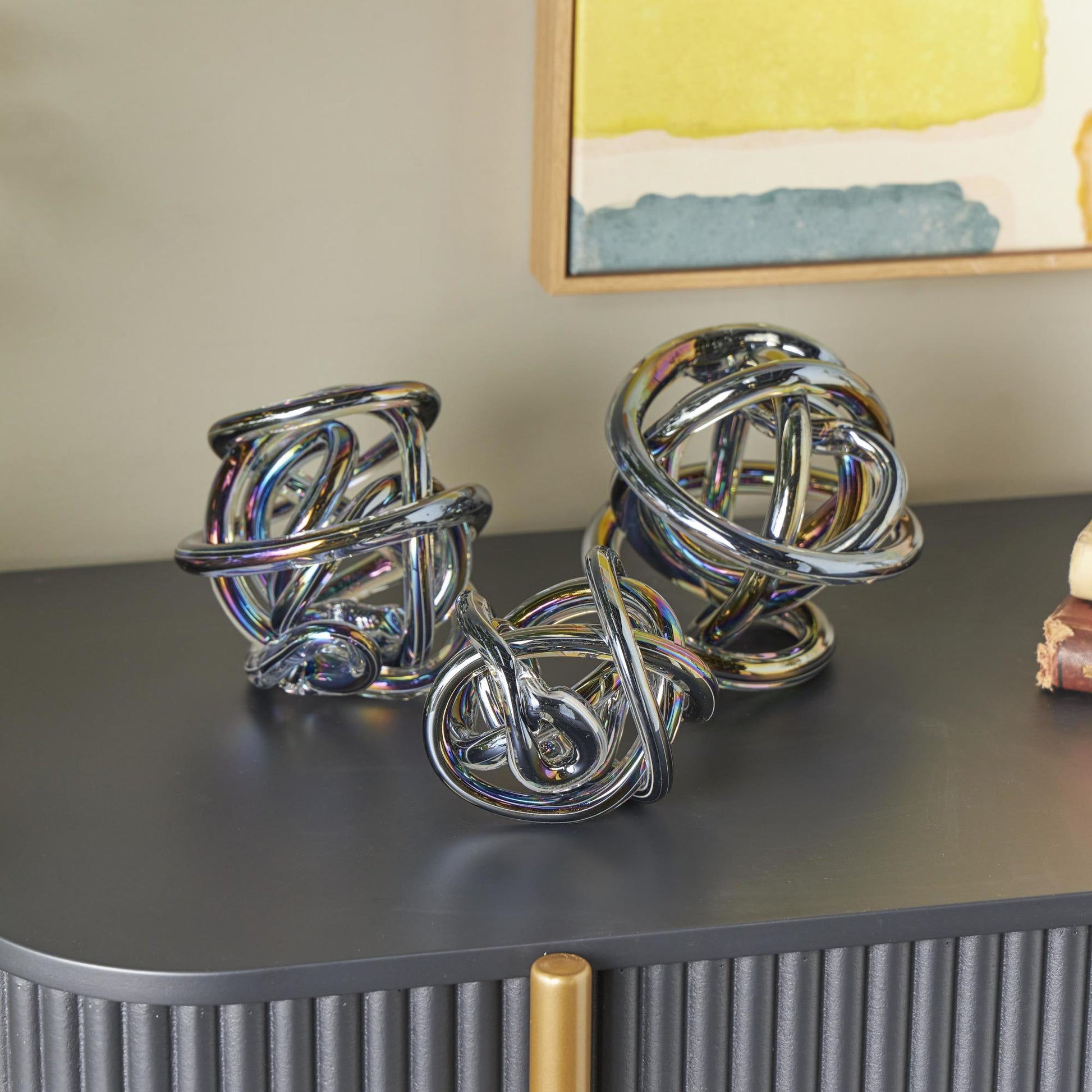 Set of 3 Knot Glass Handmade Knotted Ball Decorative Sculpture