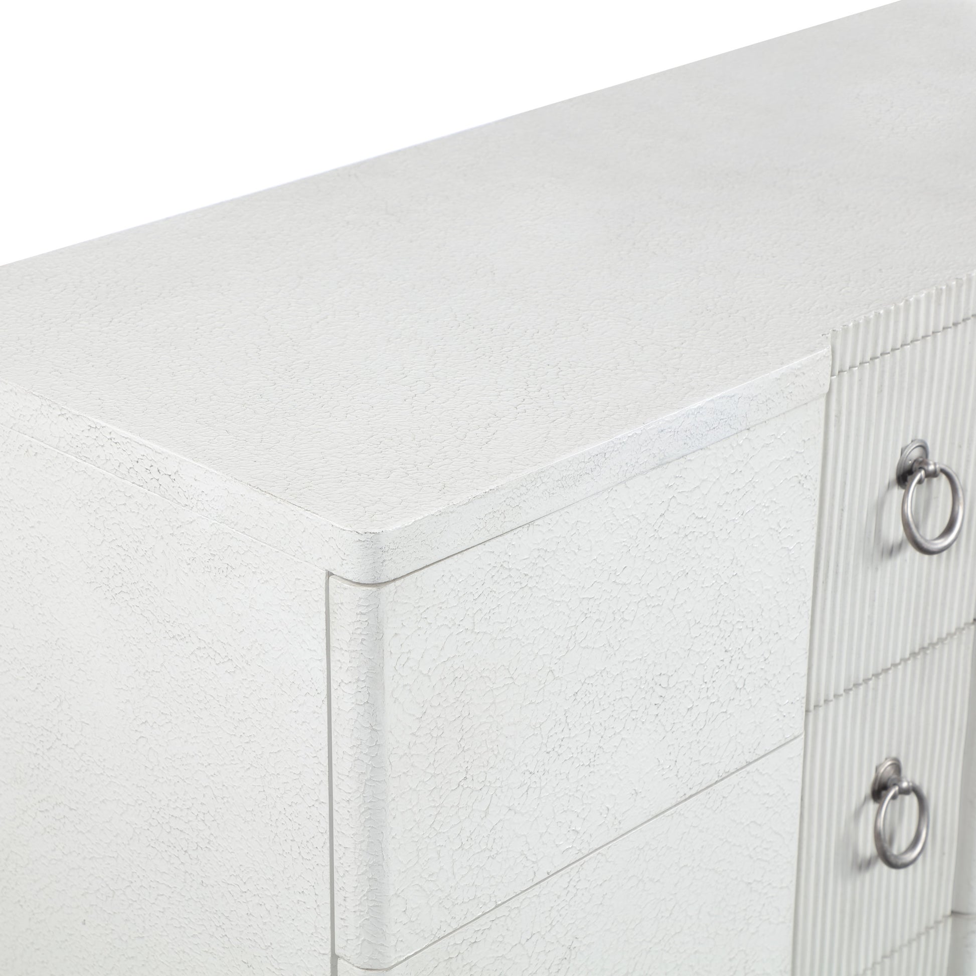 White Wooden Textured 3 Drawer Room Chest with Silver Ring Handles and Ribbed Front