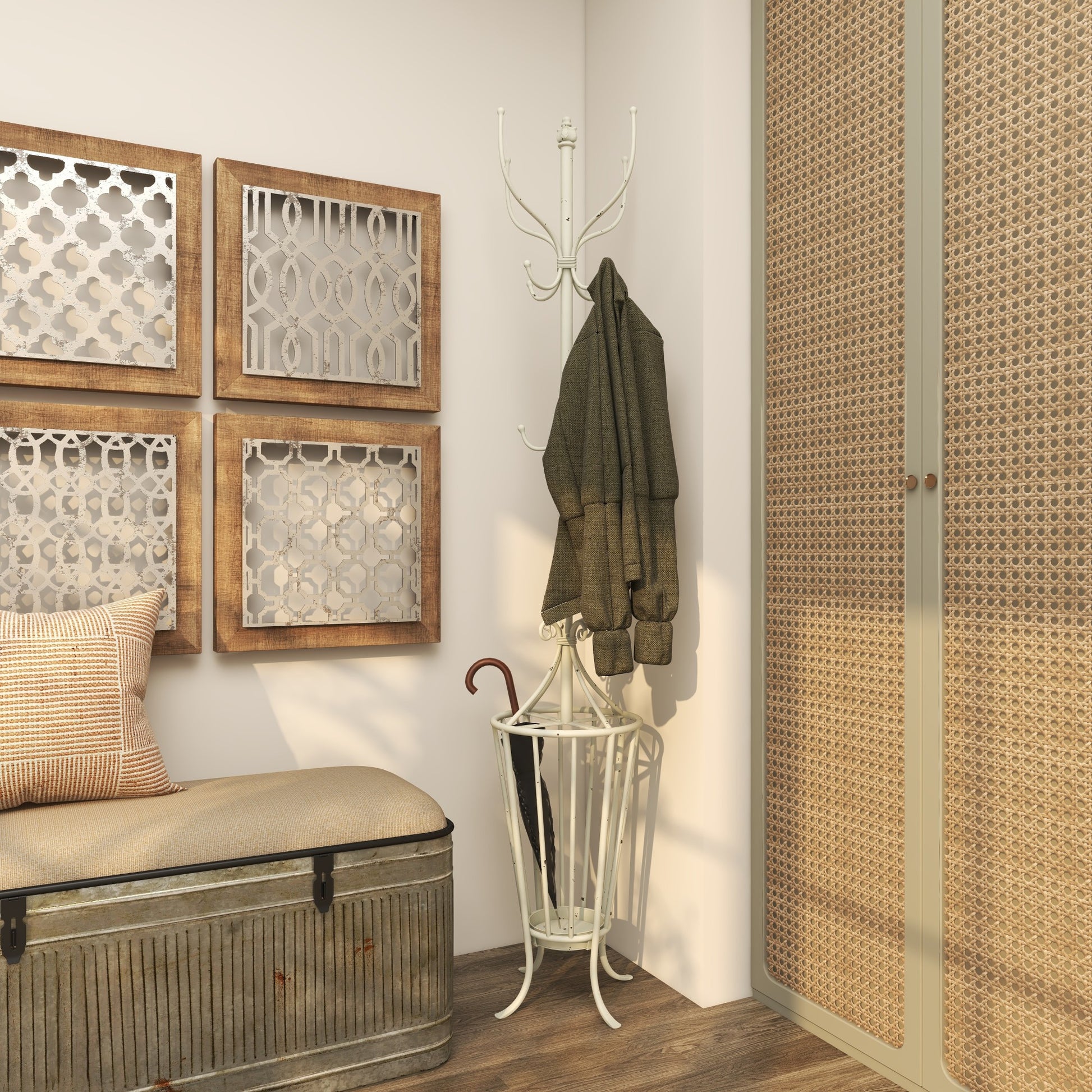 Scroll White Metal Vintage Style 12 Hook Freestanding Coat Rack with Umbrella Storage Base