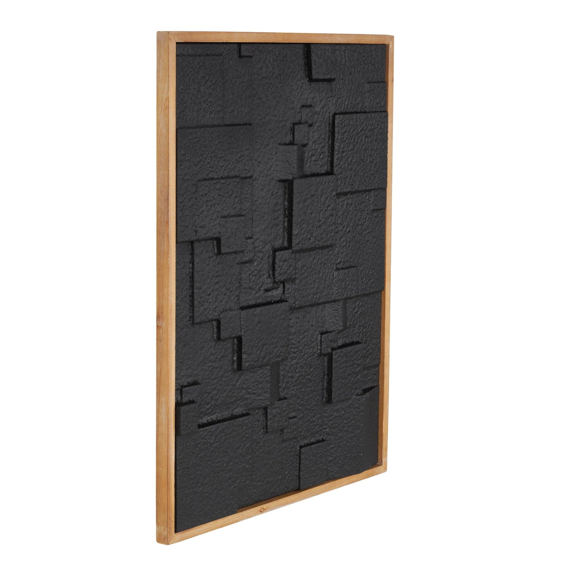 Geometric Black Wood Dimensional Textured Shapes Living Room Framed Wall Art with Brown Frame