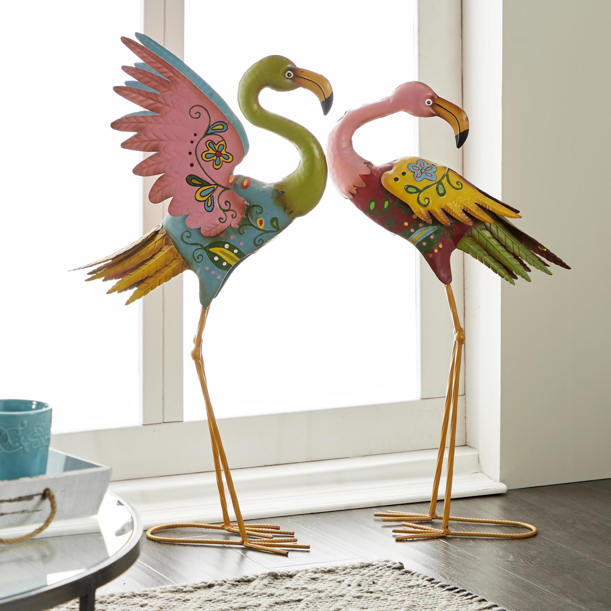 Set of 2 Flamingo Multi Colored Metal Indoor Outdoor Embossed Standing Decorative Garden Sculpture