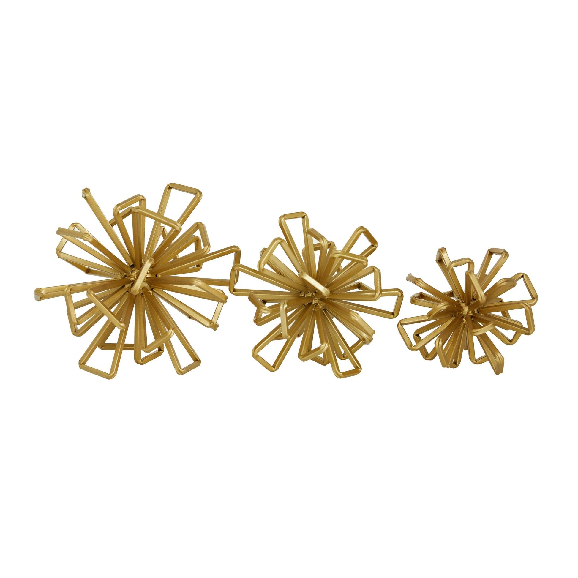 Set of 3 Geometric Gold Metal Wire Rod Orb Decorative Sculpture