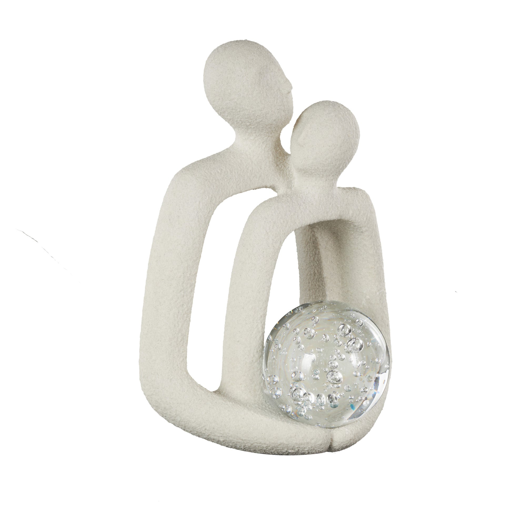 People White Polystone Abstract Textured Decorative Sculpture with Clear Glass Orb and Black Speckles