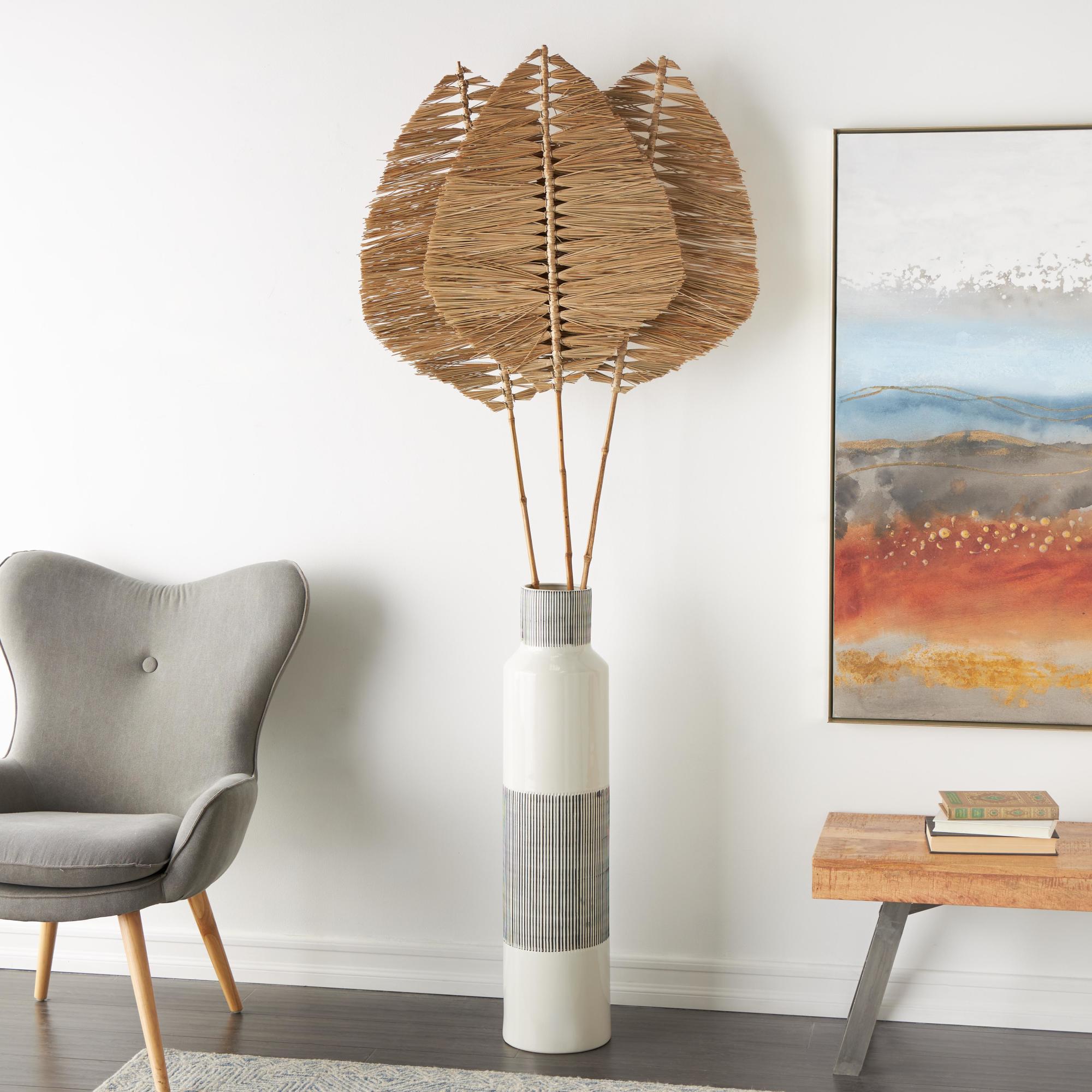 Set of 3 Palm Tree Light Brown Bamboo Wood Handmade Tall Tassel Leaf Fan Stick Home Decor Natural Foliage