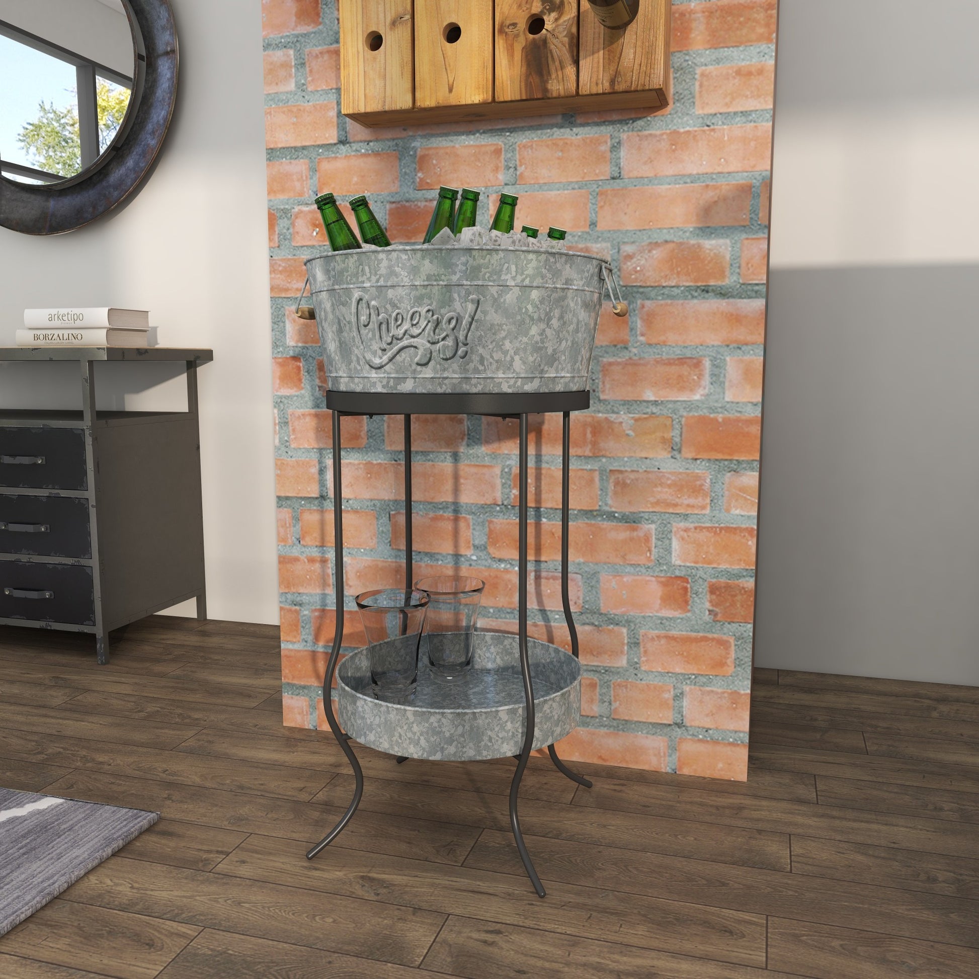 Gray Metal 6 Bottle Decorative Ice Bucket with Lower Shelf