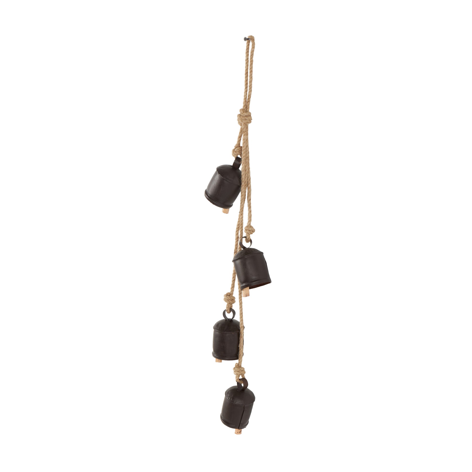 Metal Tibetan Inspired Indoor Outdoor Decorative Cow Bells with 4 Bells on Jute Hanging Rope