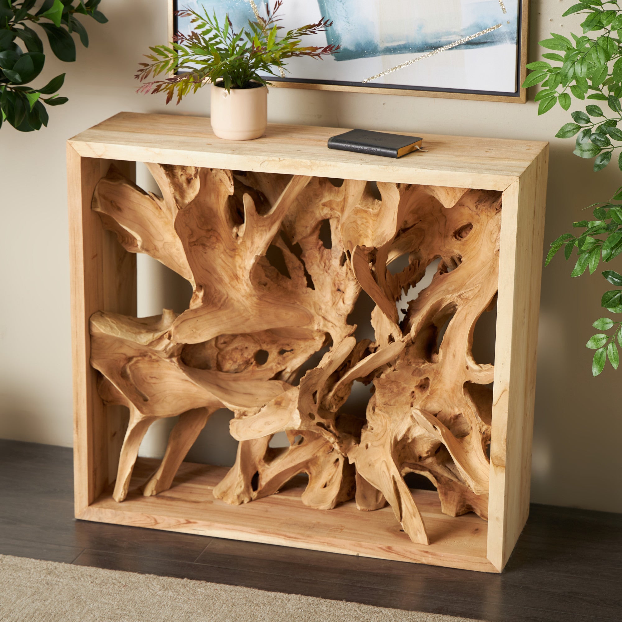 Brown Teak Wood Handmade Live Edge Tree Trunk Living Room Console Table