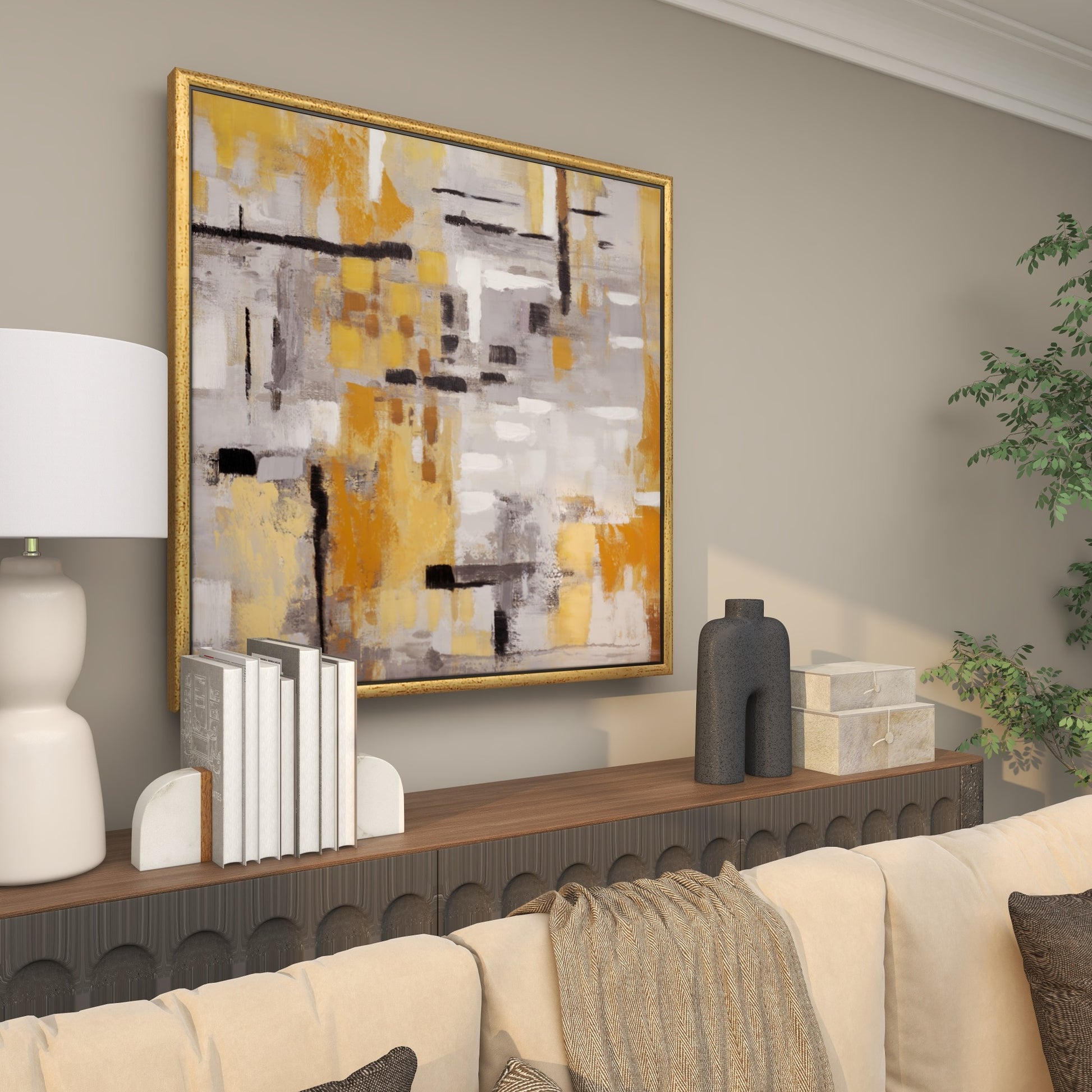 Abstract Gold Canvas Living Room Framed Wall Art with Gold Frame