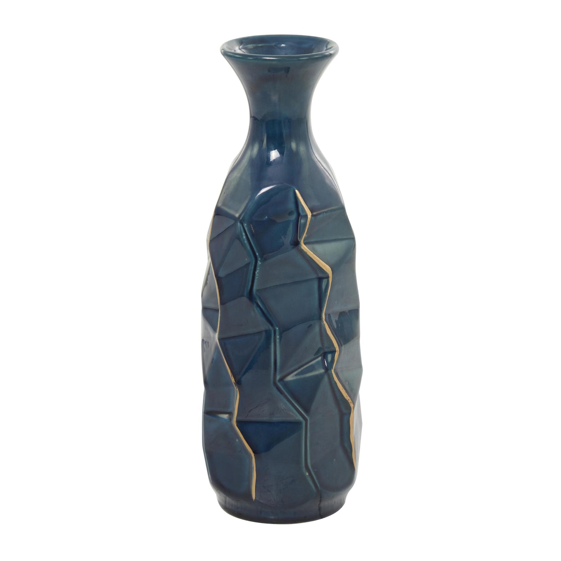 Teal Ceramic Geometric Floor Decorative Vase with Gold Accents