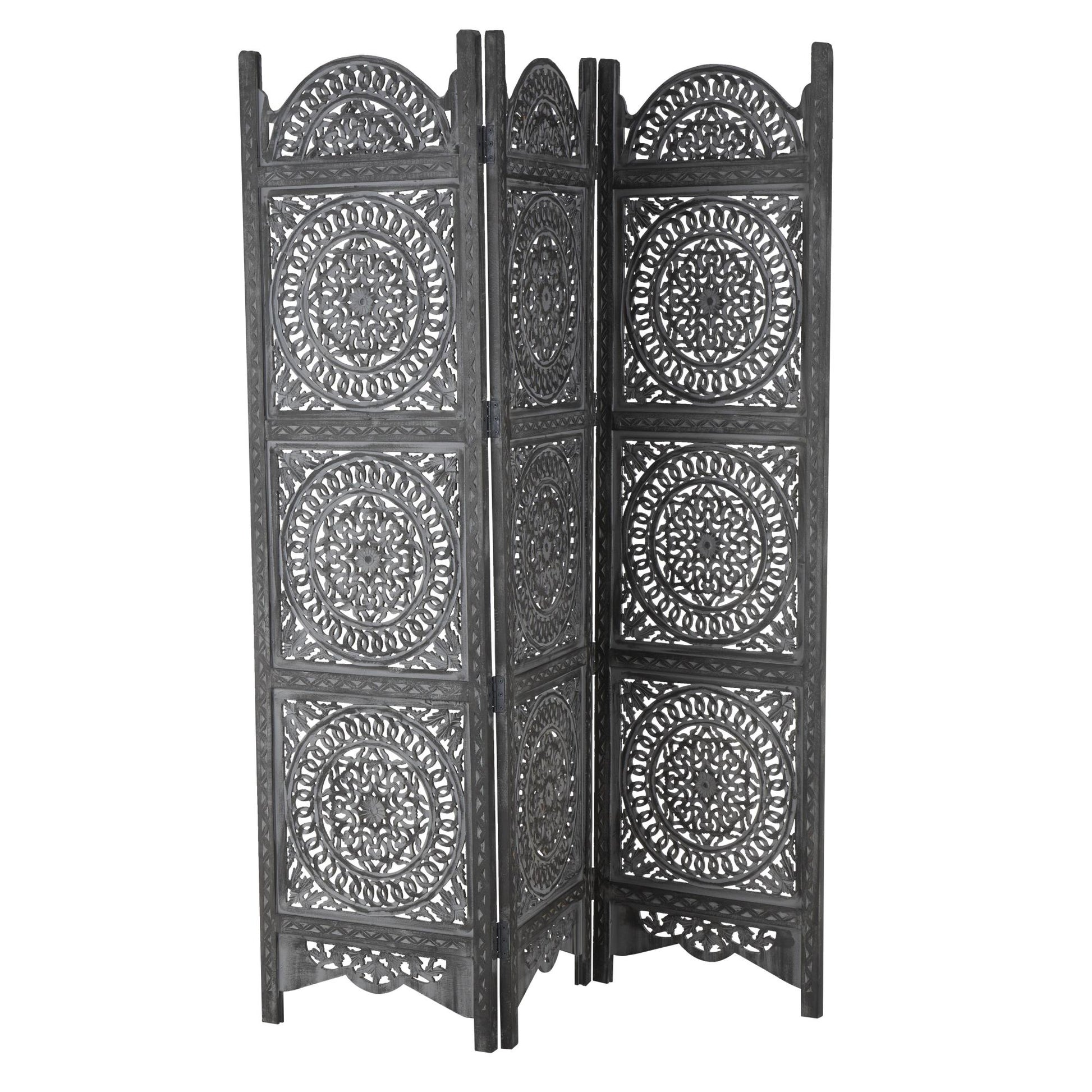 Floral Black Wood Handmade Foldable Partition 3 Panel Partition Room Divider Screen with Carved Designs