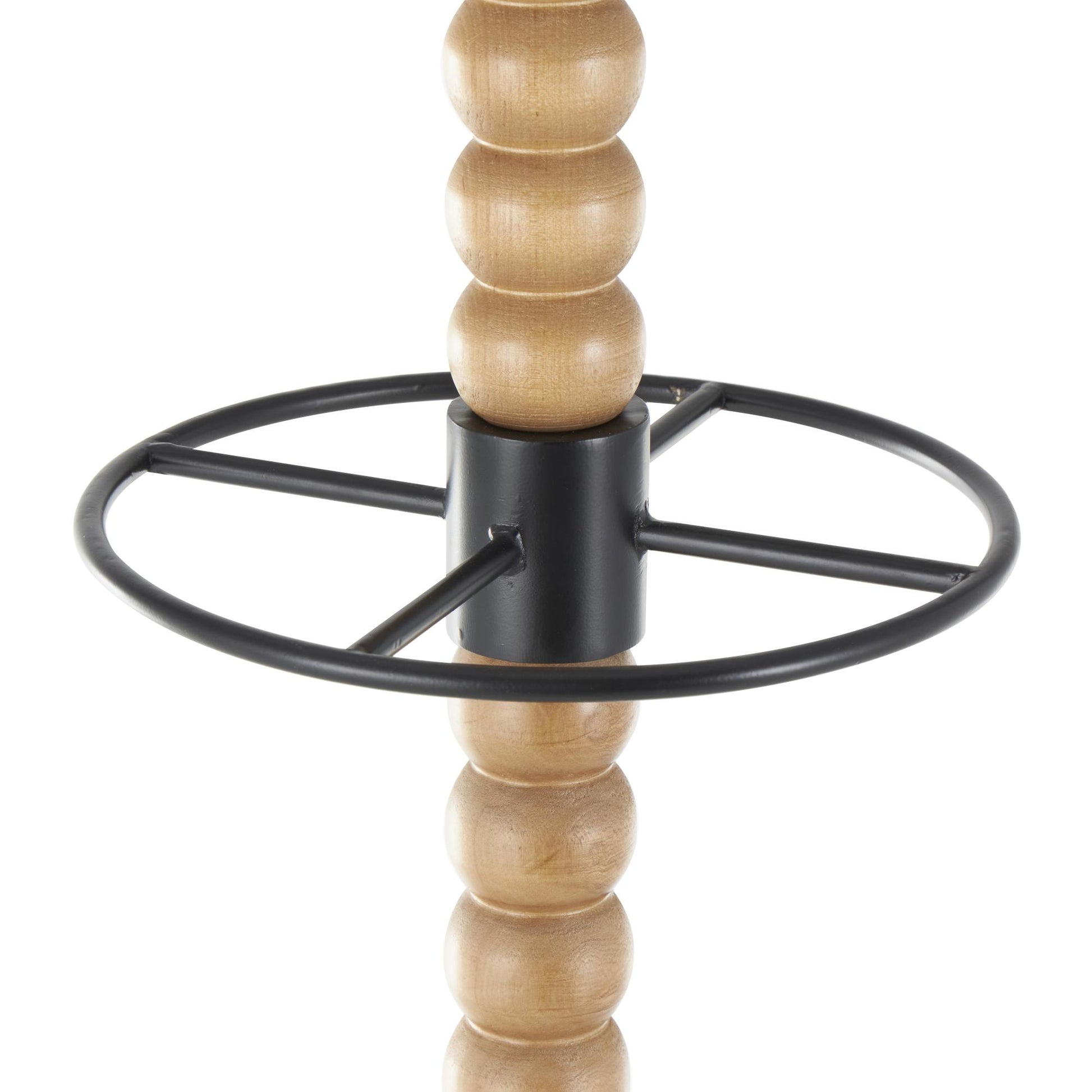 Brown Wood Spindle 8 Hook Freestanding Coat Rack with Black Metal Accents and Beaded Ends