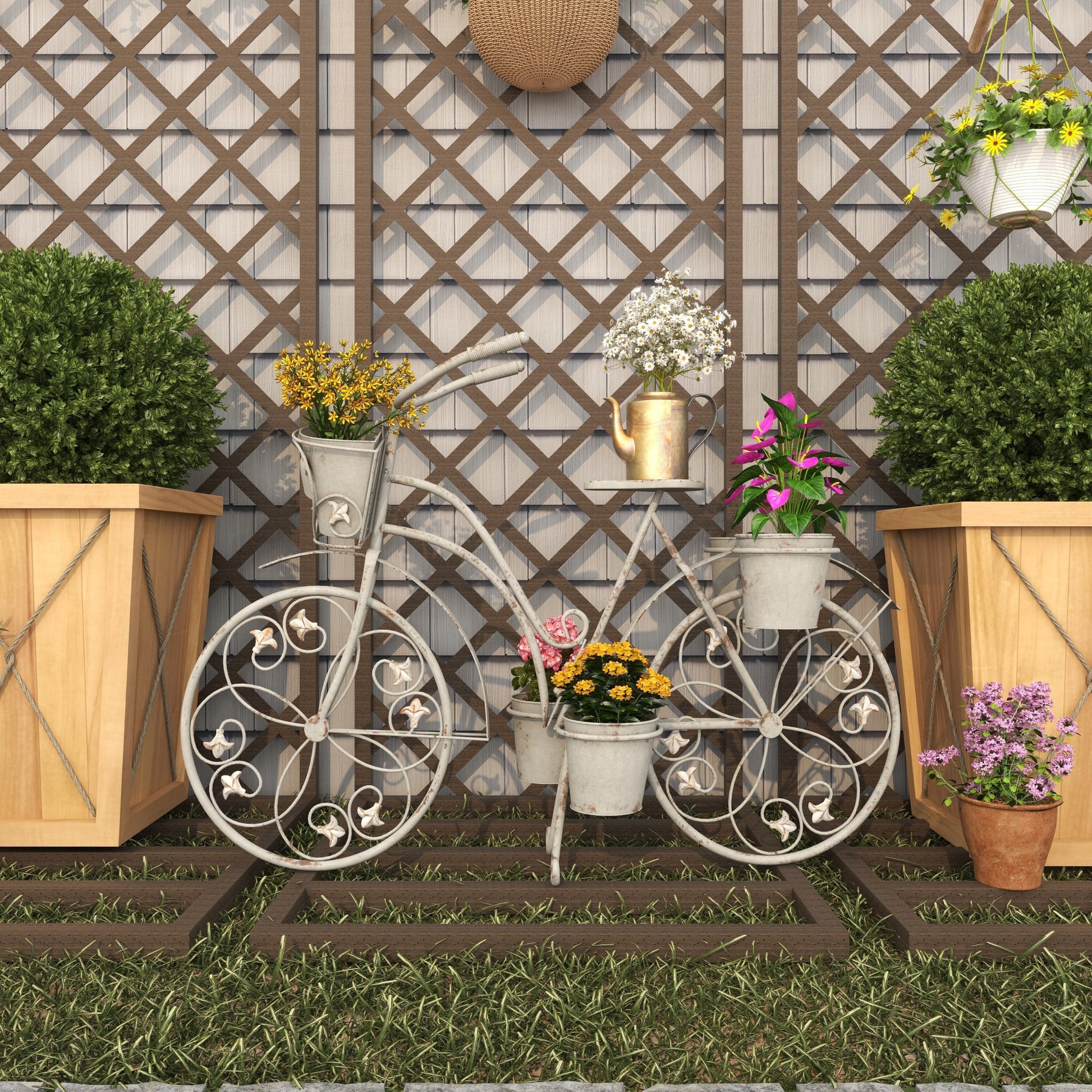 Bike Gray Metal Distressed Scroll 3 Tier Indoor Outdoor Plantstand with Fleur De Lis Wheels
