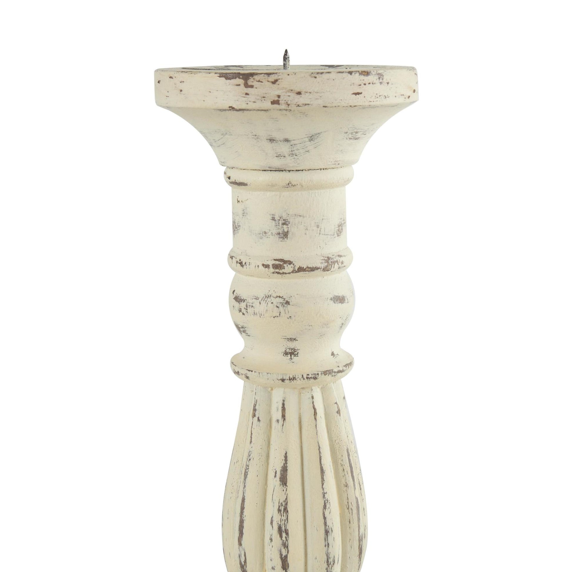 Set of 3 White Mango Wood Tall Distressed Turned Decorative Candle Holder