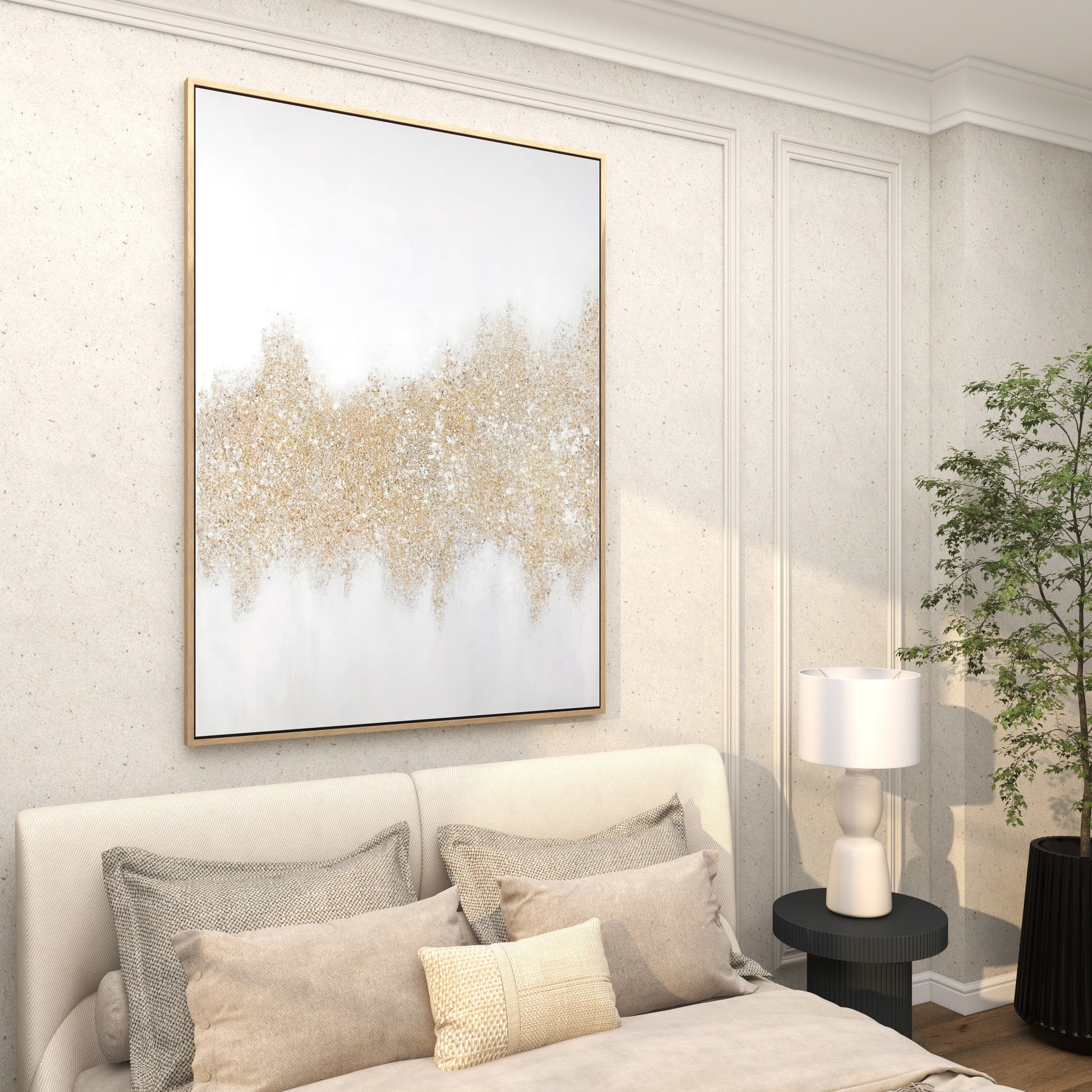 Geode Gold Canvas Glitter Flakes Living Room Framed Wall Art with Gold Frame