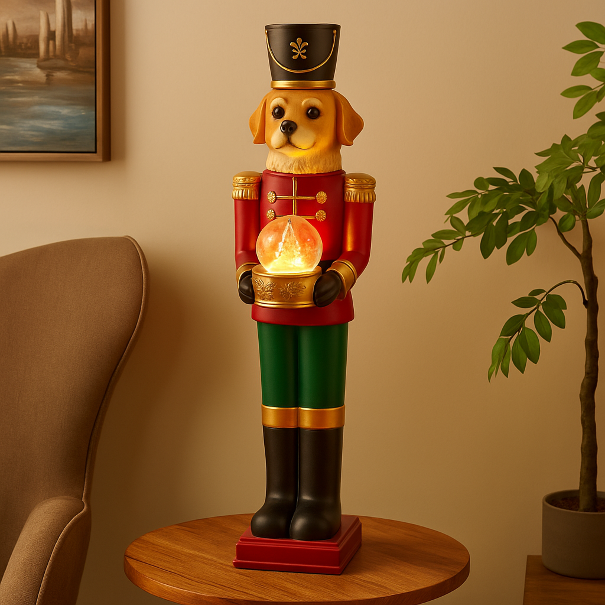 Dog Red Fiberglass Tall Soldier Nutcracker Decorative Christmas Sculpture with LED Light Snow Globe
