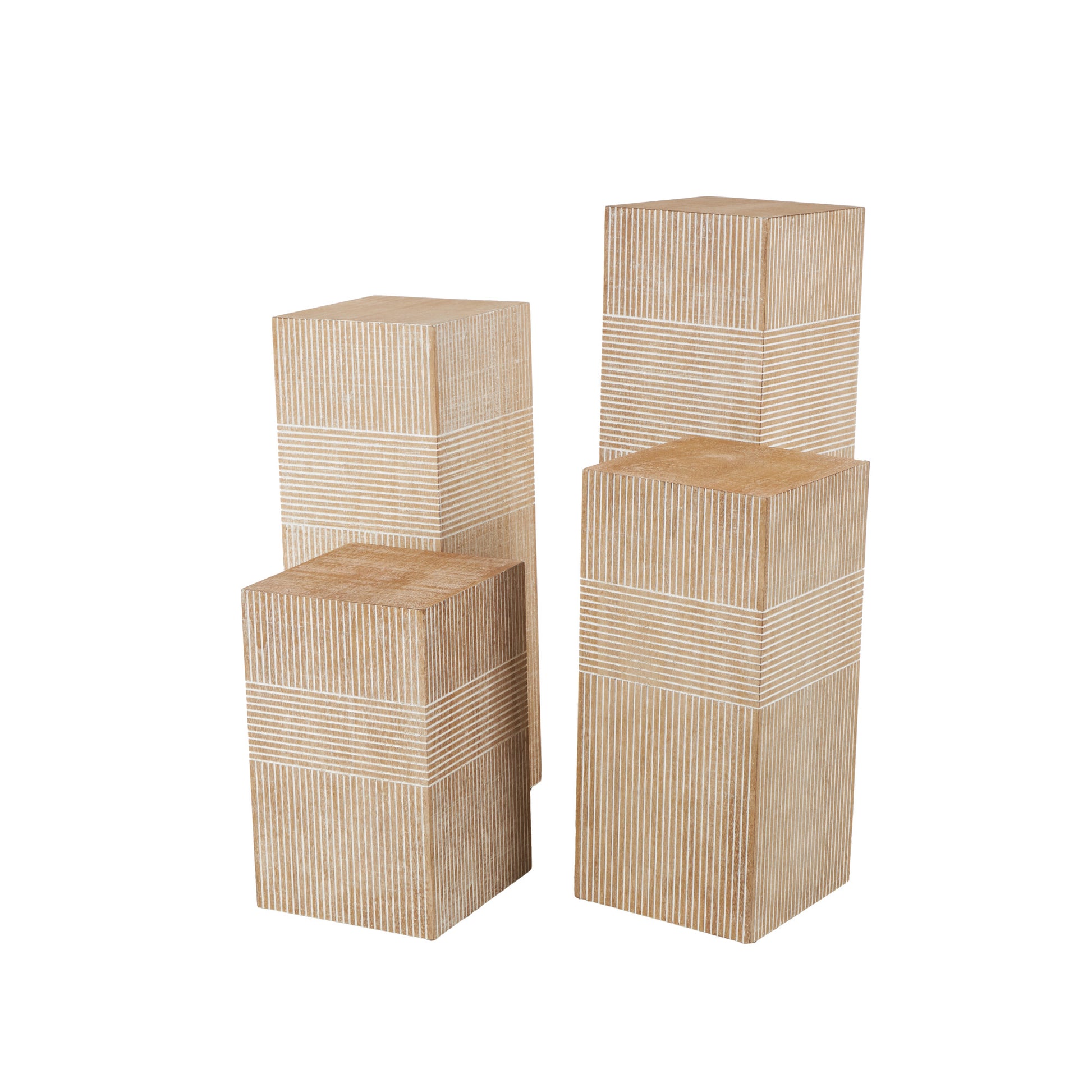 Set of 4 Brown Wood Pillar Style Side End Pedestal Table with Various Sizes