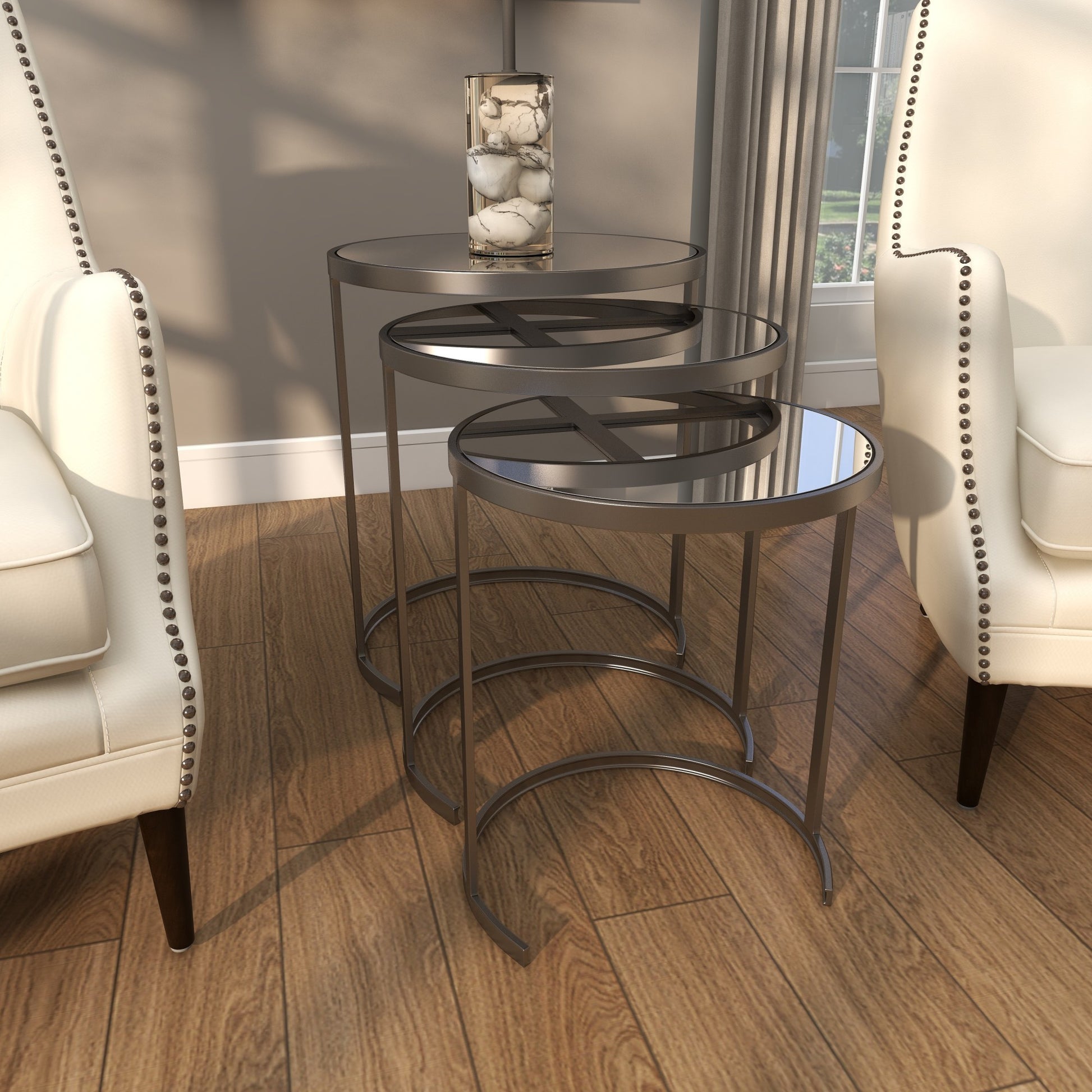 Set of 3 Metal Round Nesting Side End Accent Table with Black Glass Top