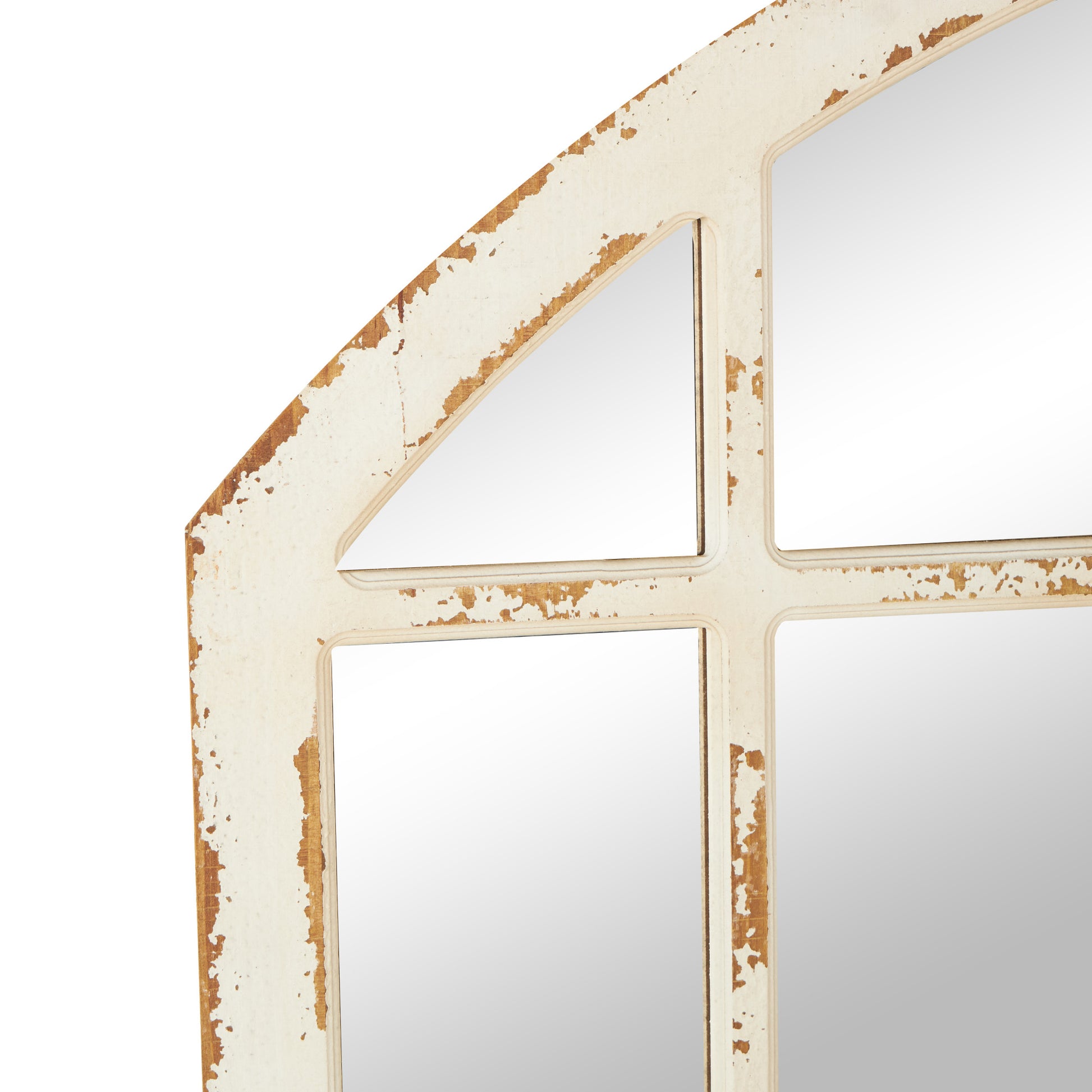 Set of 3 White Wood Window Pane Inspired Room Wall Mirror with Arched Top and Distressing