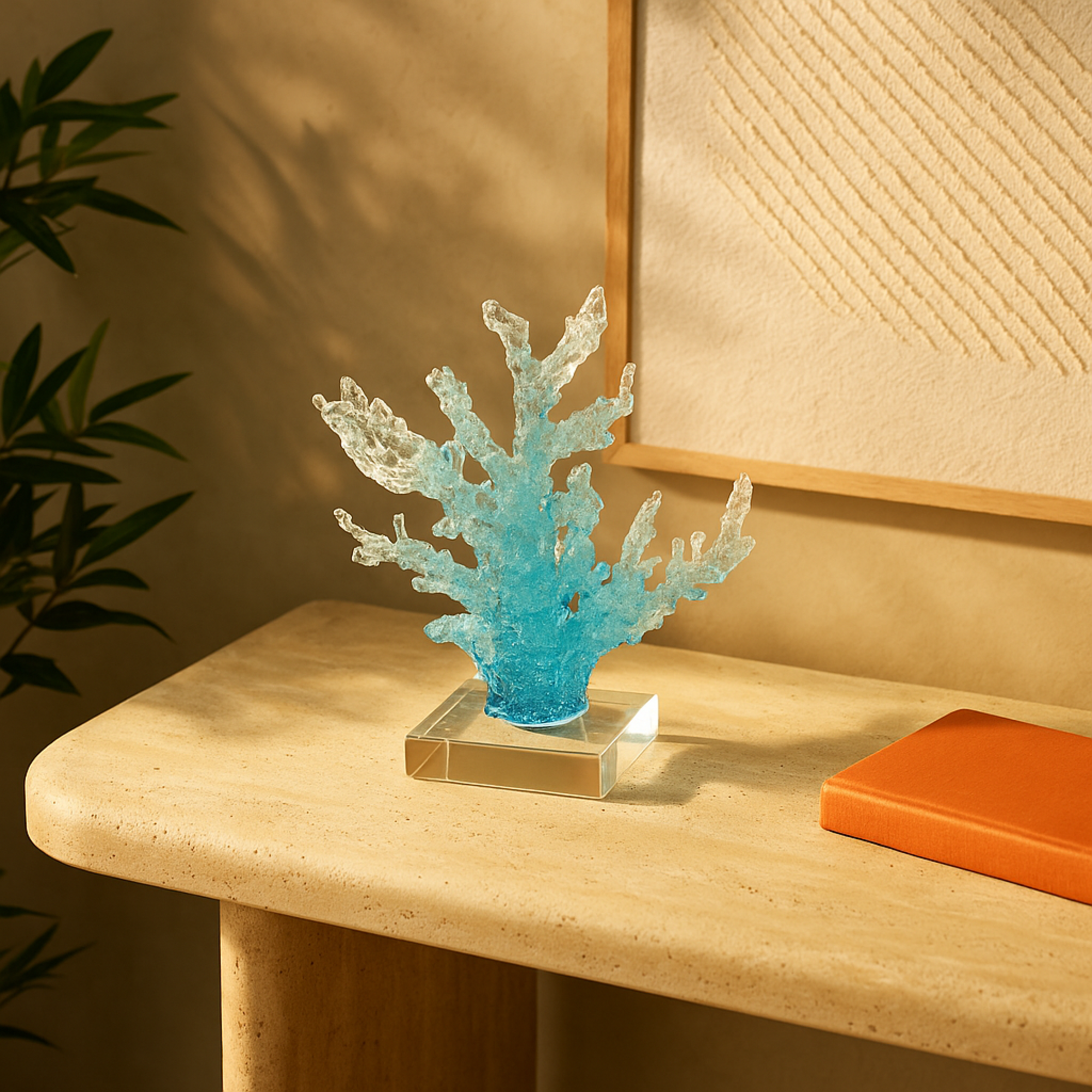 Coral Blue Glass Ombre Decorative Sculpture with Clear Square Base