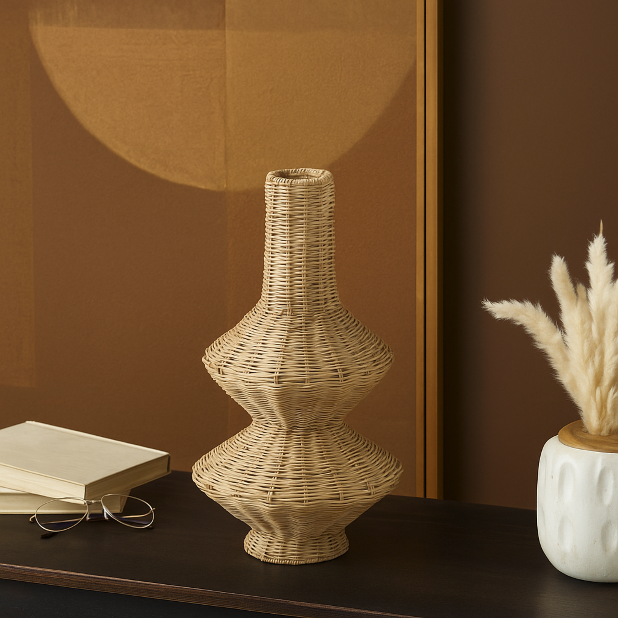 Brown Rattan Handmade Woven Fluted Hourglass Decorative Vase