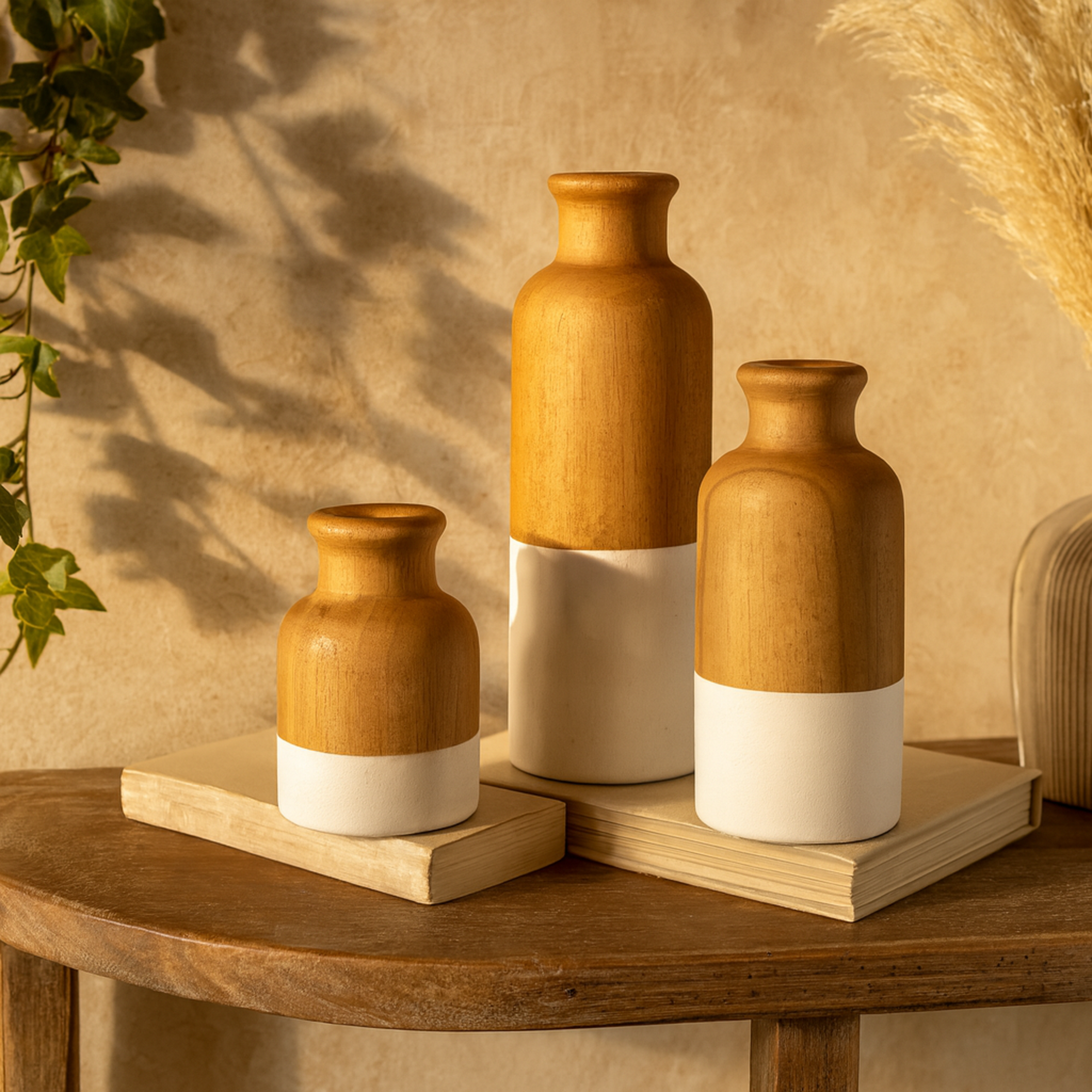 Set of 3 Wood Colorblock Decorative Vase with White Bases Set of 3 10", 8", 5"H
